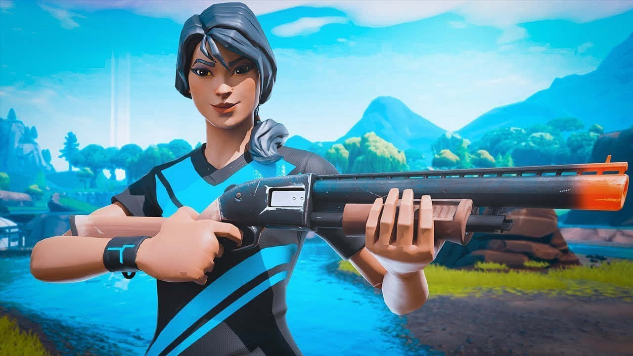 Fortnite角色在戶外山景中瞄準散彈槍