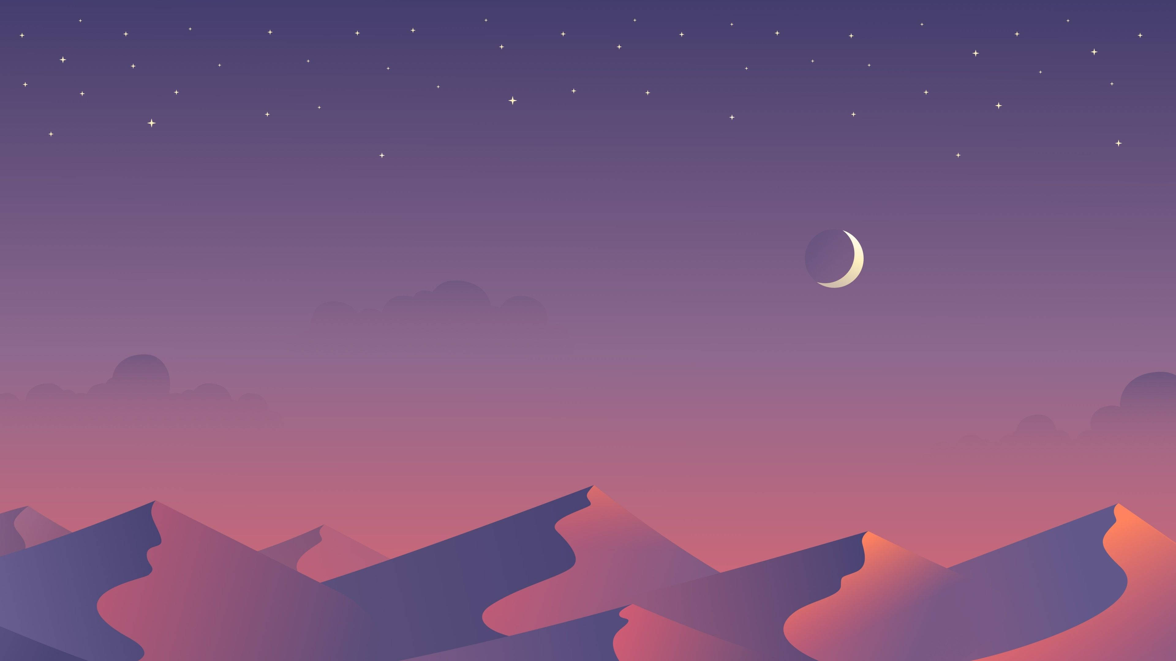 山景與審美月相 壁紙 — 寧靜的夜空，新月和星星在散發粉紅光芒的紫色山脈剪影之上。