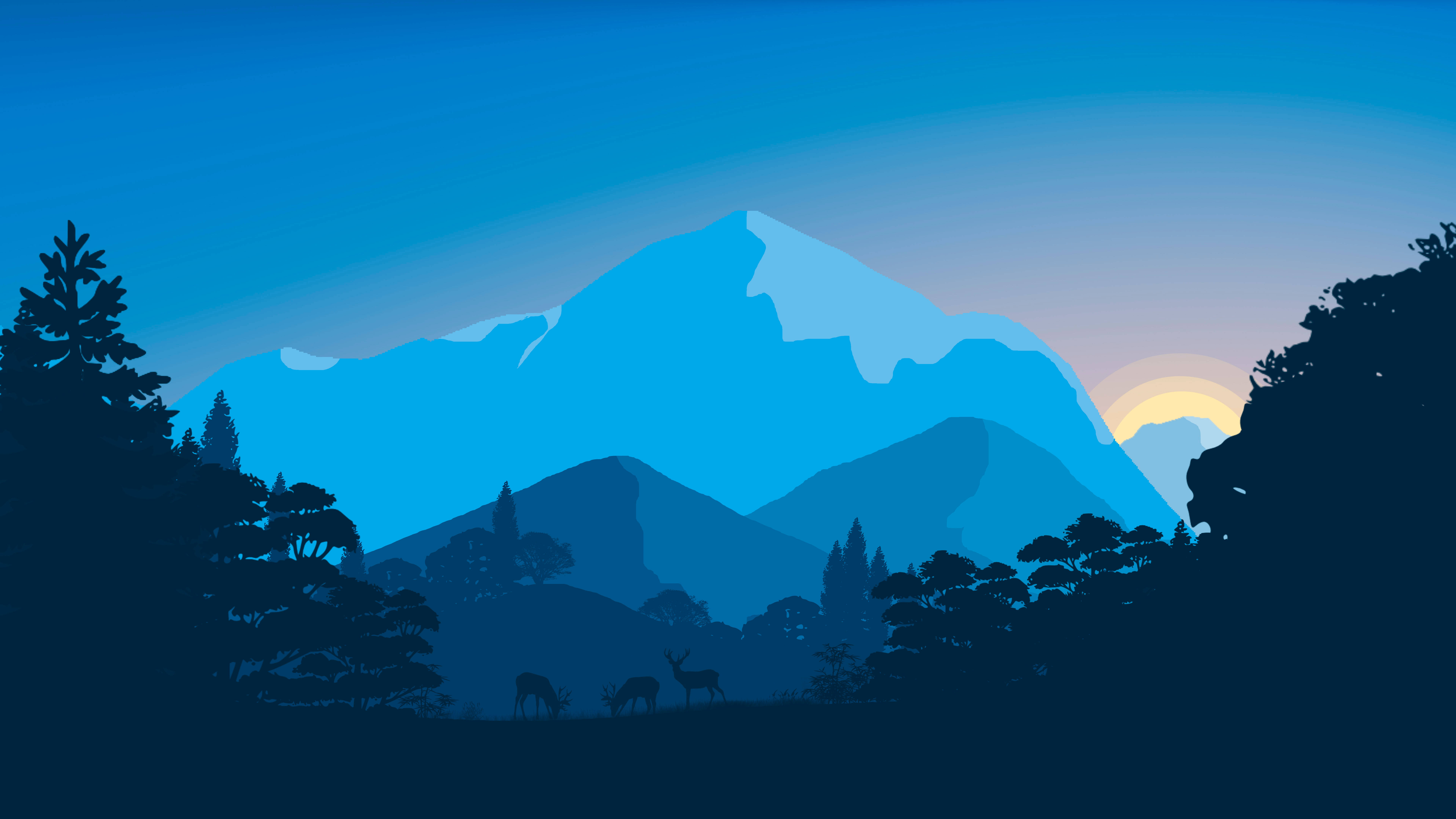 山林向量風景 4K 桌面 壁紙 — 剪影的鹿在暮色中，於壯麗的山脈前吃草，發光的太陽在山峰後落下。