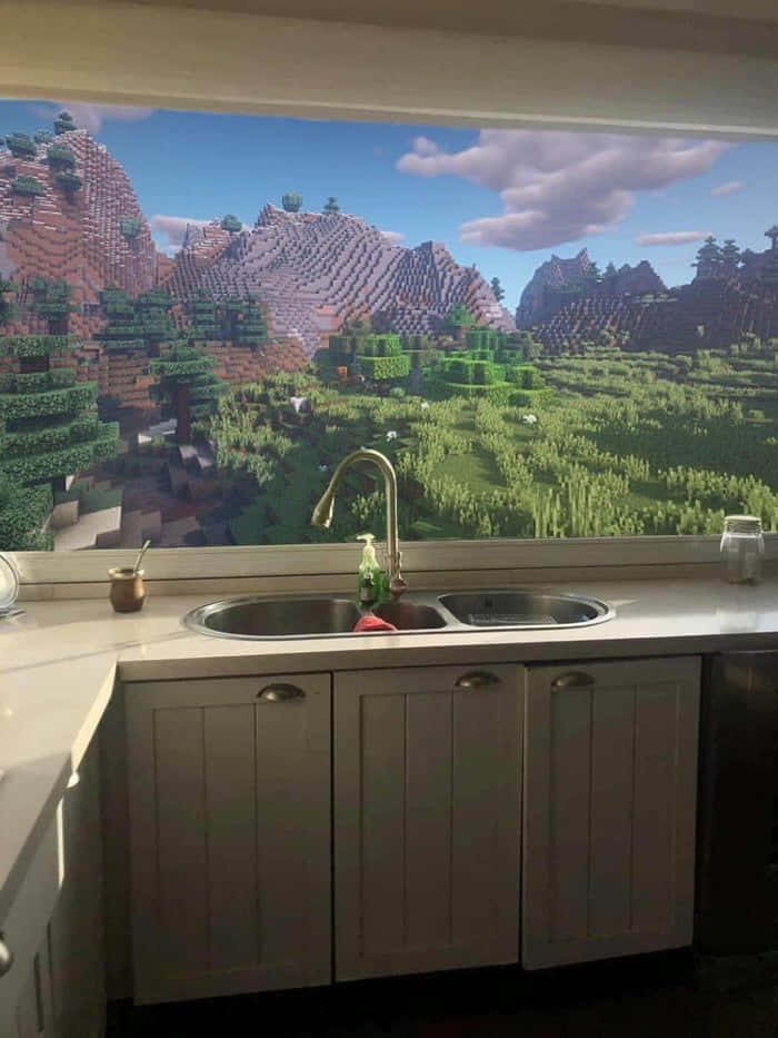 廚房水槽後方有Minecraft方塊山景壁紙。