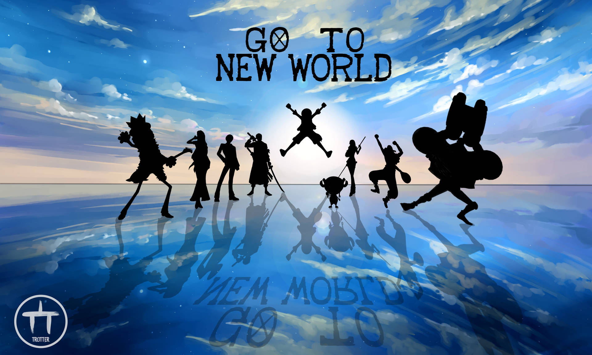 剪影動畫角色在暮色天空下跳過水面，帶有「GO TO NEW WORLD」文字。