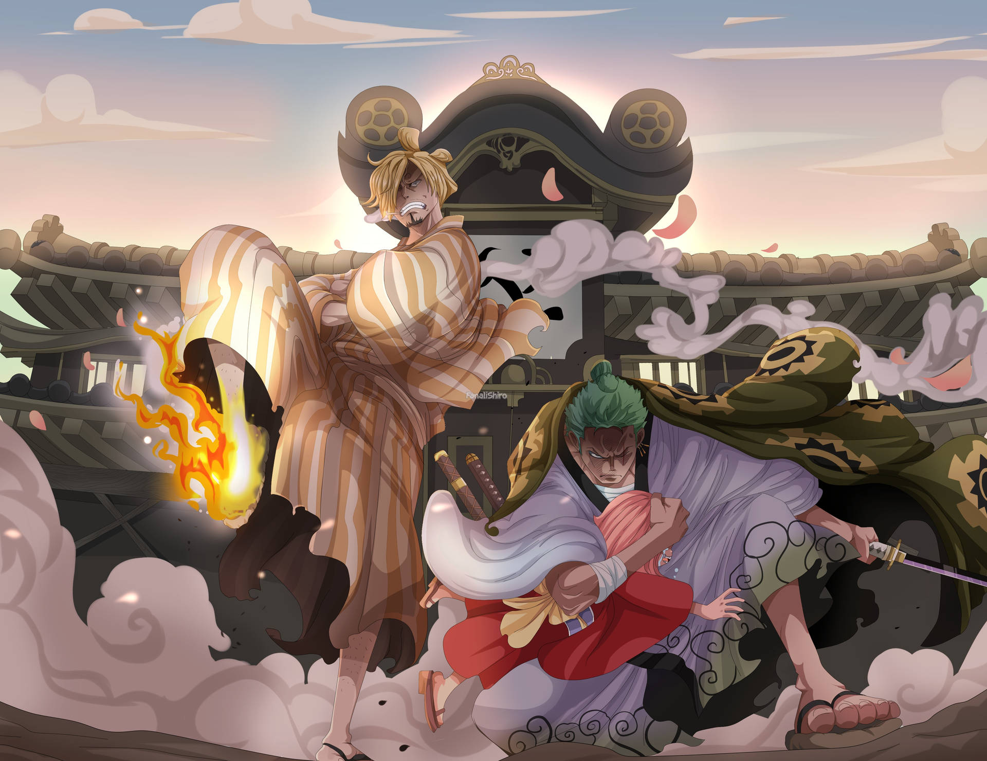 兩位動漫角色在日落時分於神社附近用劍和火戰鬥。