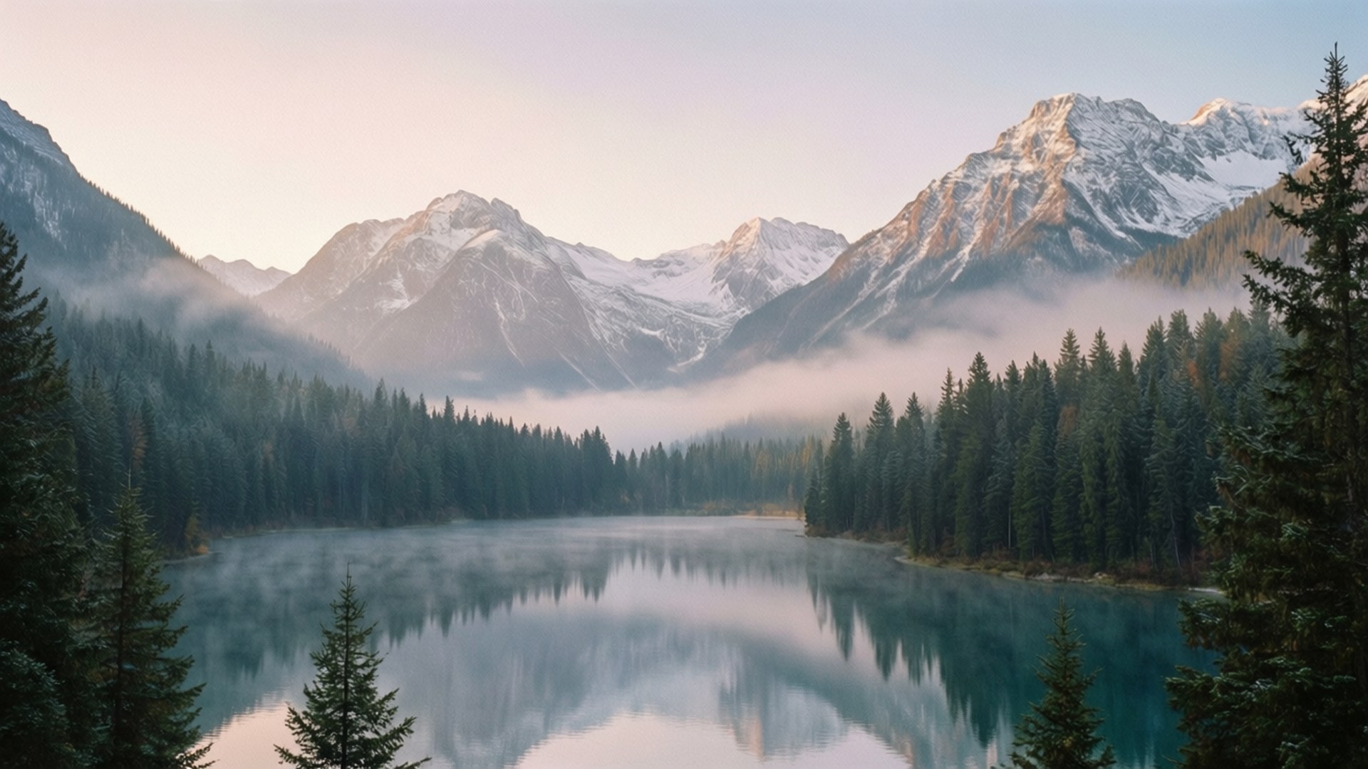 山湖全景 壁紙 — 寧靜的山湖在柔和的黎明天空下映照著白雪覆蓋的山峰和霧氣繚繞的森林。