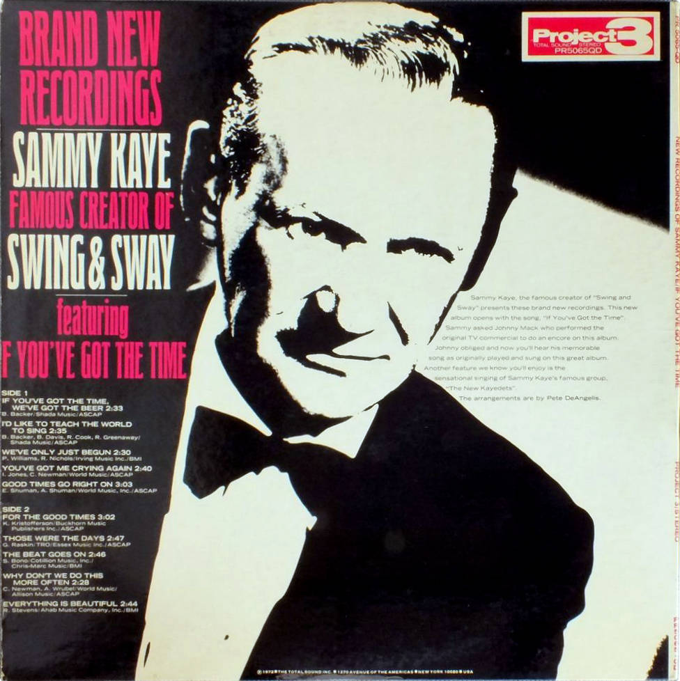 Sammy Kaye的「Brand New Recordings」復古專輯封面，帶有粗體粉紅色文字和黑白肖像。
