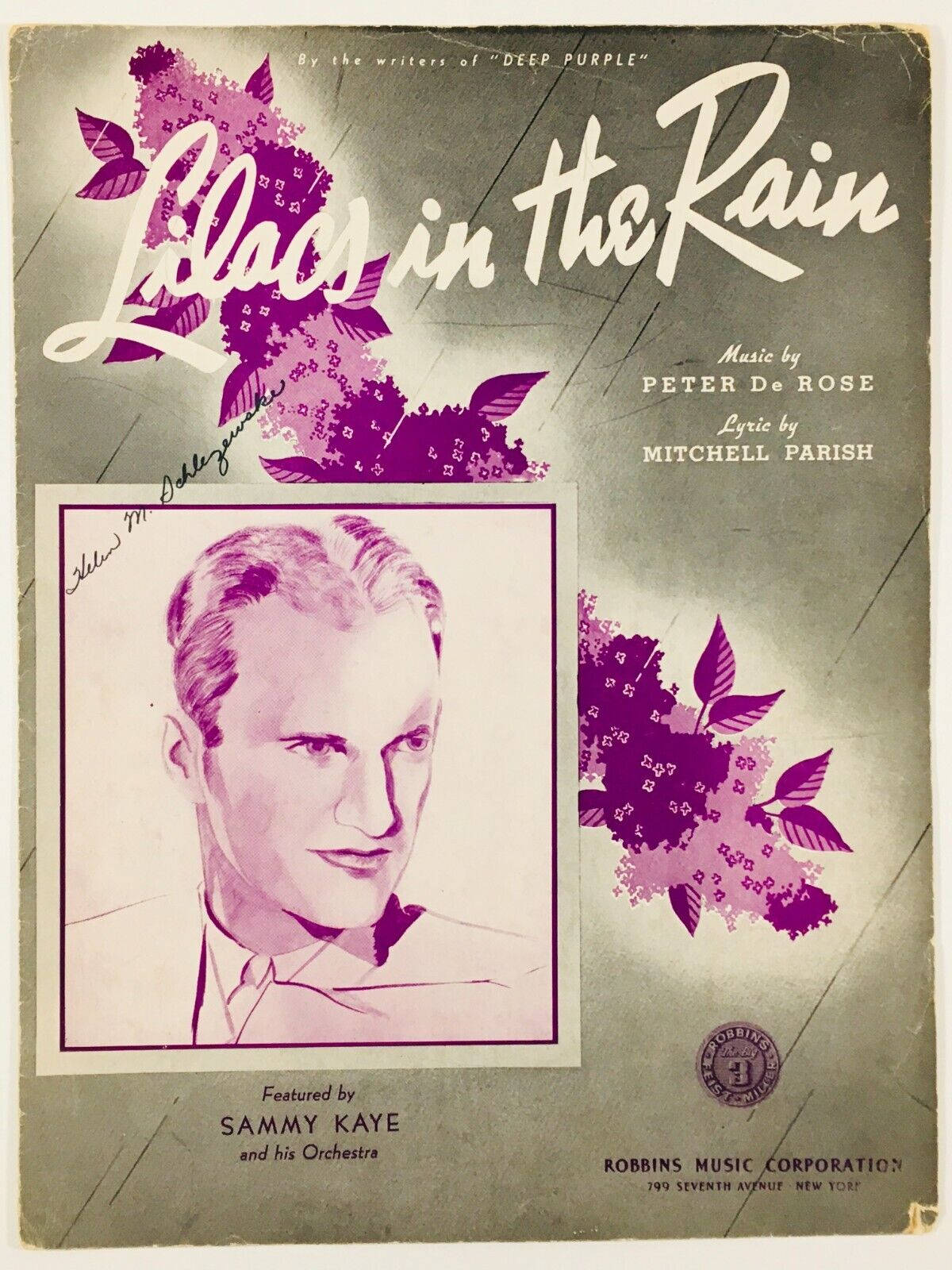 Sammy Kaye嘅《Lilacs in the Rain》復古樂譜封面，紫色花卉設計。
