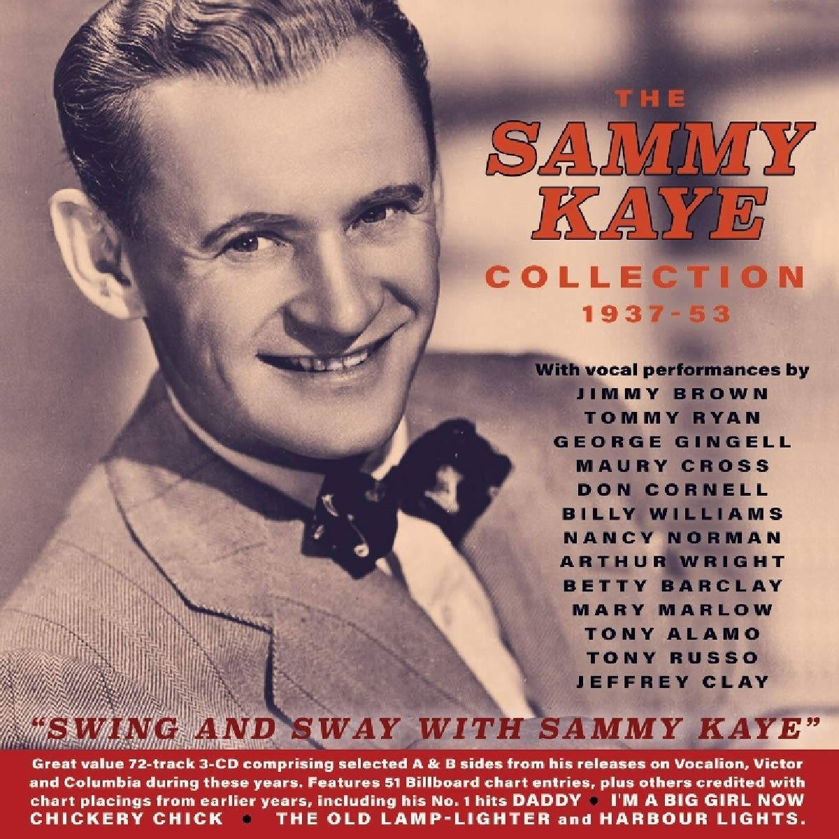 復古專輯封面，微笑音樂家Sammy Kaye以紅色文字列出他1937-53年的收藏。