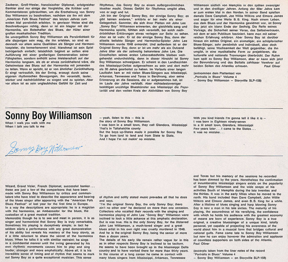 關於藍調音樂家 Sonny Boy Williamson 的報紙文章，附有手寫簽名。