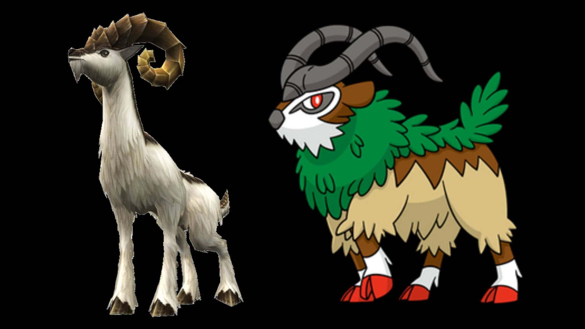 山羊卡通與Gogoat 壁紙 — 兩隻風格化的山羊狀生物並排站在黑色背景前，一隻寫實，另一隻卡通風格，帶有綠色葉子和紅色眼睛。
