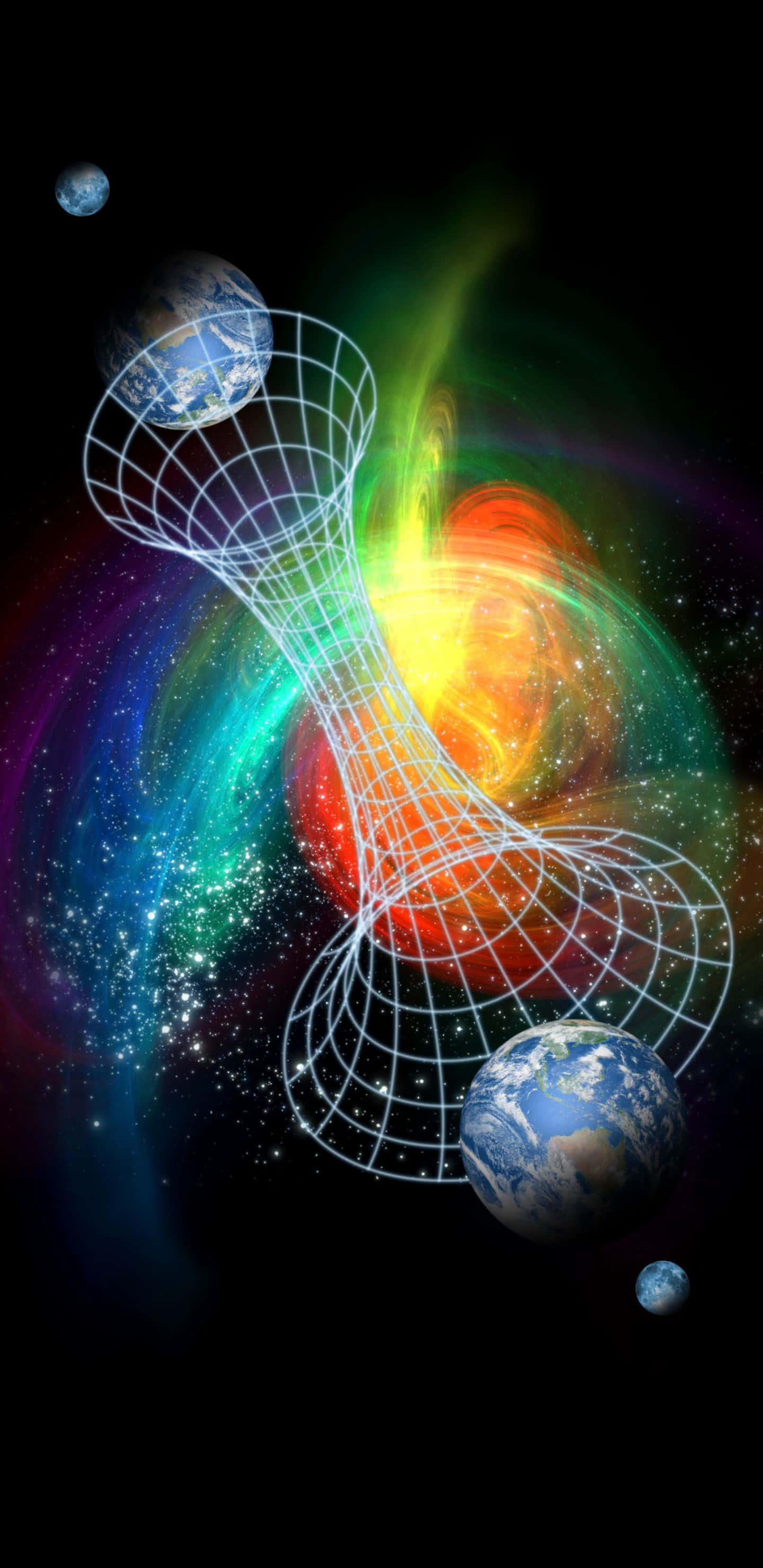 山脈的自然之美 壁紙 — 一條光之宇宙隧道在充滿旋轉星系和恆星的生動星雲背景下連接兩個地球。