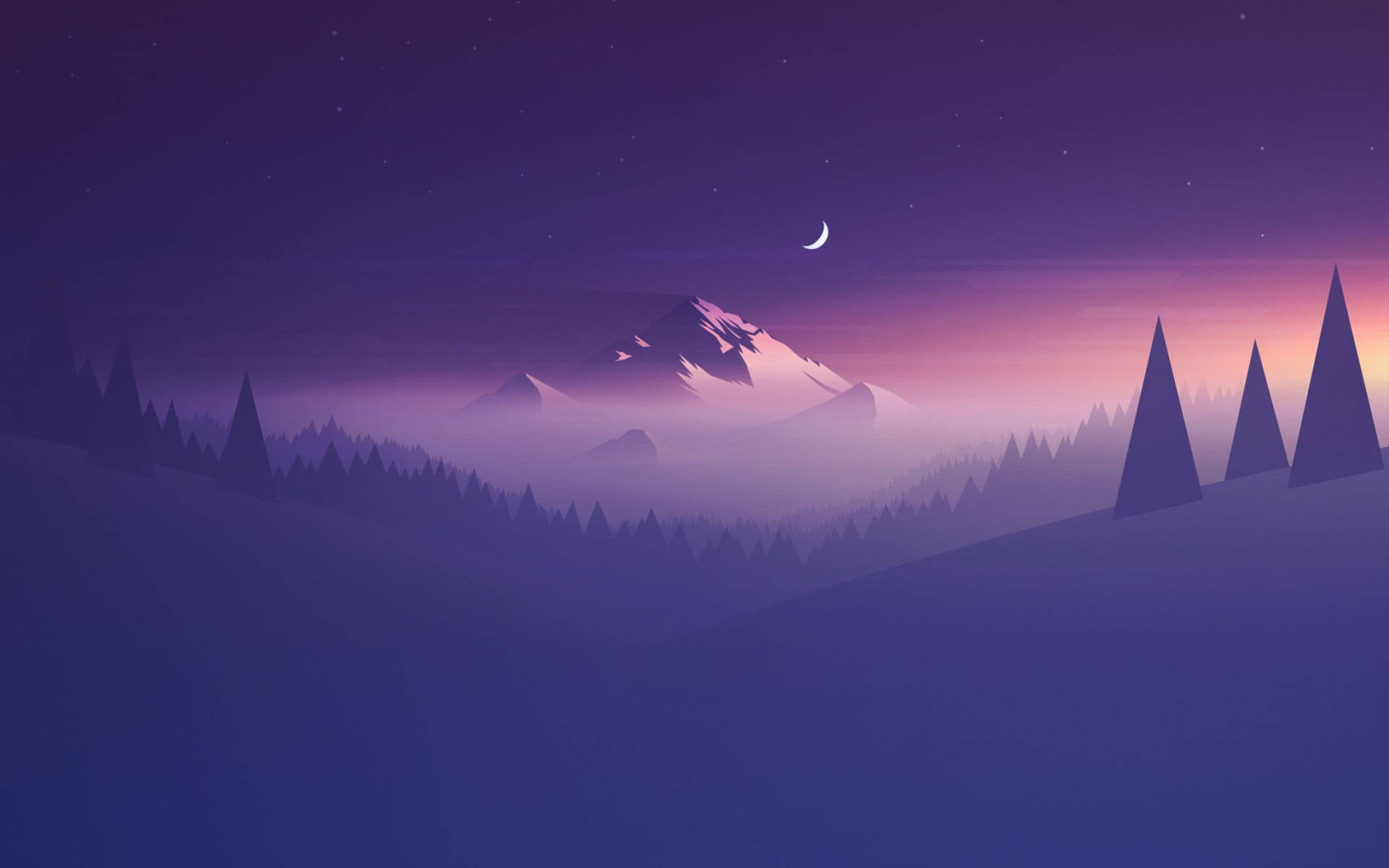 山與月向量藝術 壁紙 — 暮色中寧靜的山景，一彎新月和星空籠罩著霧氣繚繞的山峰和松樹。