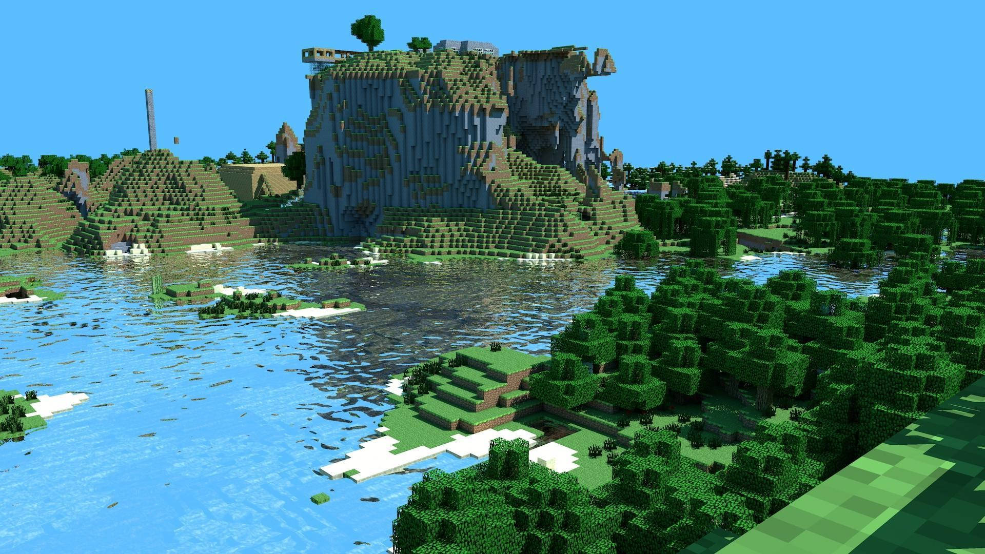 懸崖上的Minecraft城堡，俯瞰河流和森林