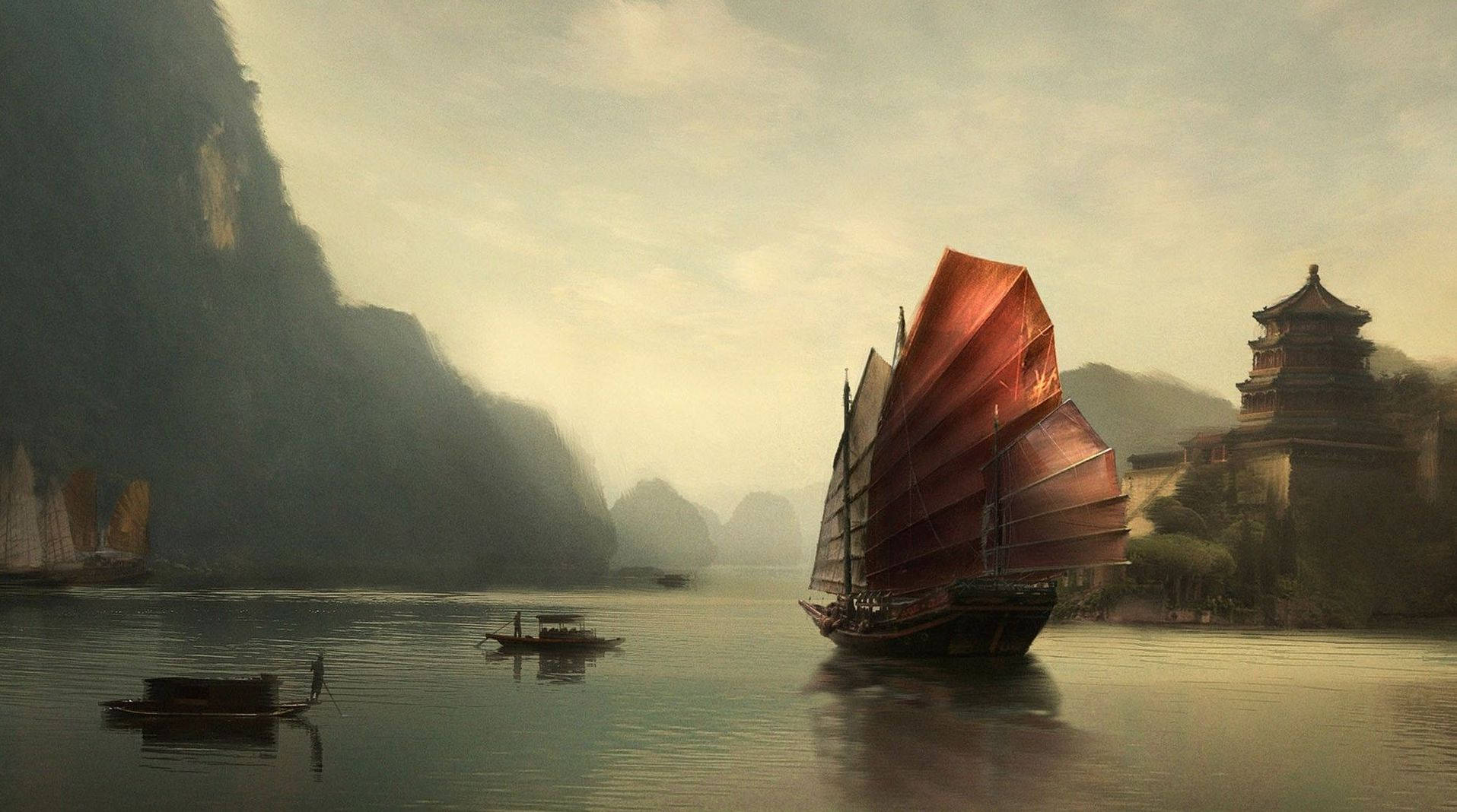 傳統中式帆船在古老的寶塔和山脈附近的煙霧河流上航行。