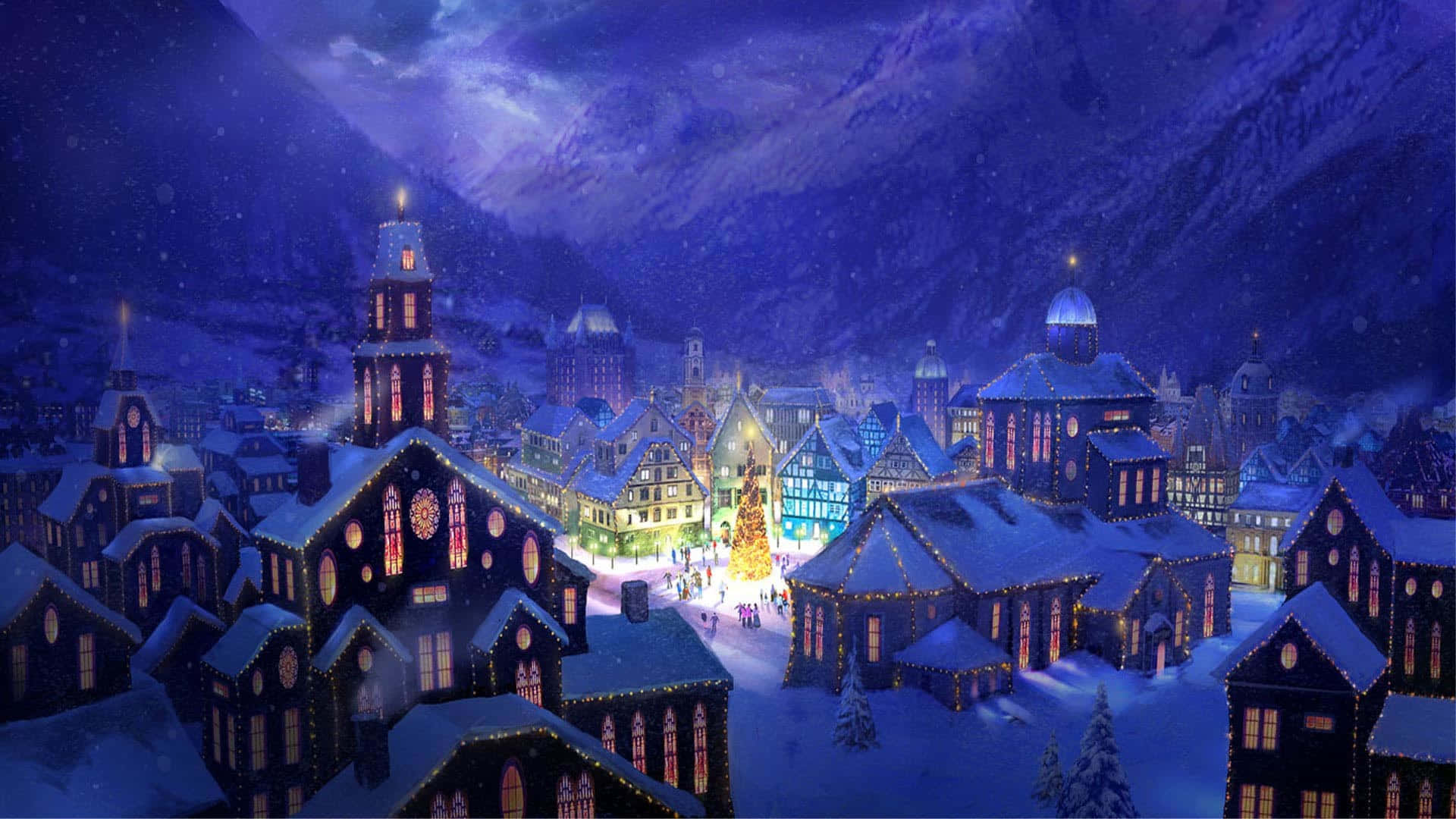 山間村落聖誕季節 壁紙 — 一個被雪覆蓋的山村夜景，窗戶閃爍著光芒，中央有一棵聖誕樹，在星空下。