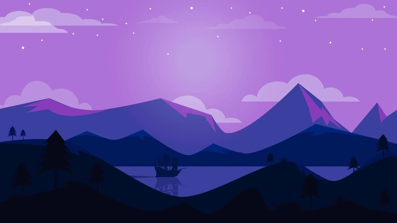 山間湖上小船 1366x768 監視器背景 壁紙 — 一個風格化的紫色暮色景觀，有剪影的山脈、樹木和船隻在水面上，星空下。