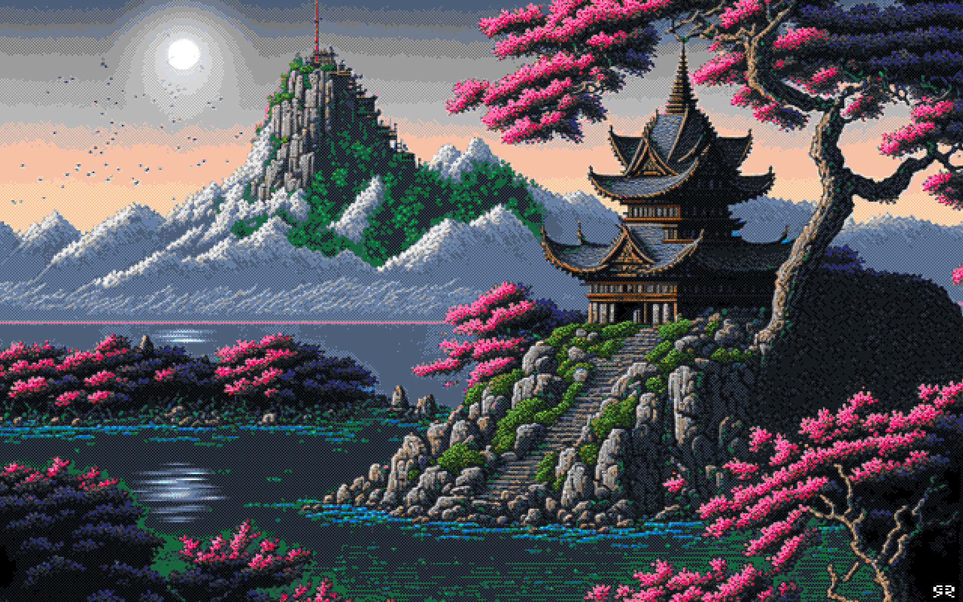 山間湖泊倒映天空 壁紙 — 一座像素藝術寺廟坐落在湖邊的岩石懸崖上，滿月下背景有粉紅色的櫻花和積雪的山峰。