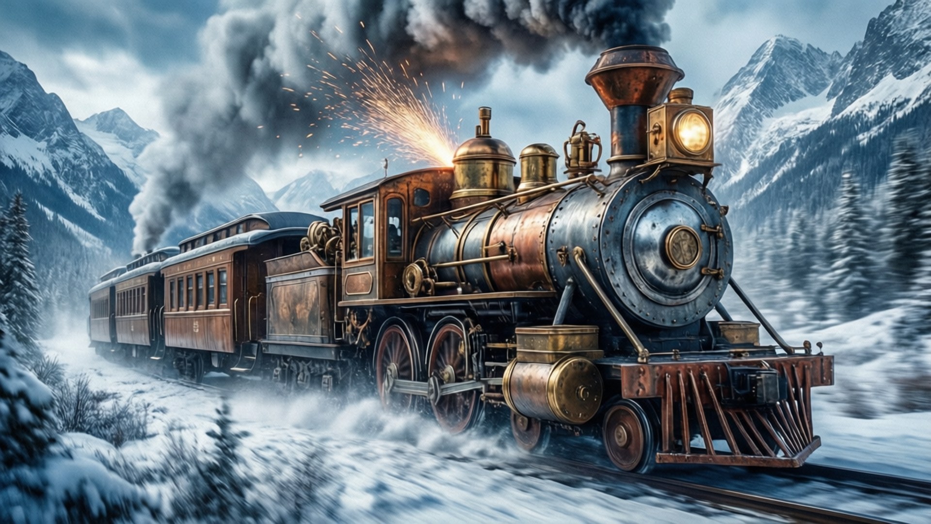 復古蒸汽火車在雪山中疾馳，車輪飛出火花