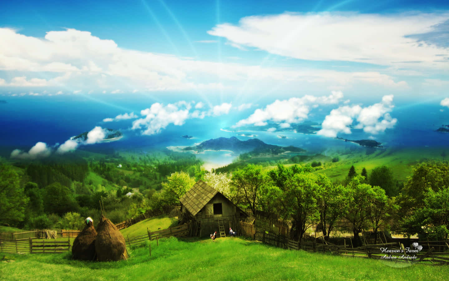 質樸小屋在茂密的綠色山丘上，明亮的藍天下有陽光和白雲。