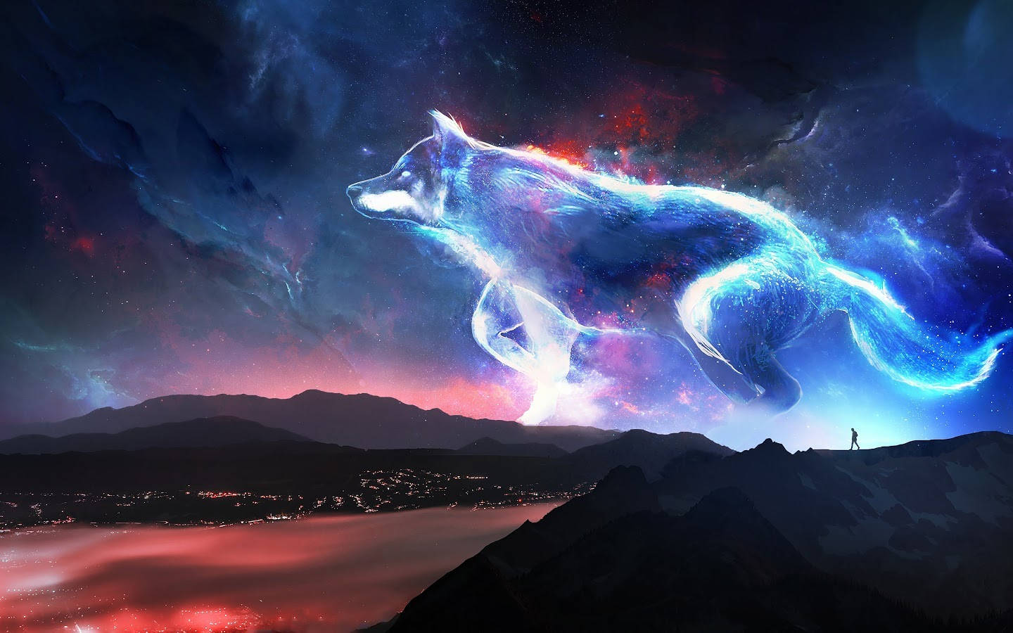 一頭發光的宇宙狼飛越山脈，下方山頂上站著一個人。