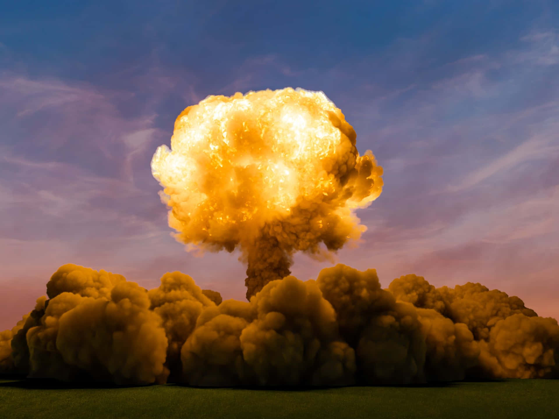 暮色中綠色田野上空升起的核爆炸蘑菇雲。