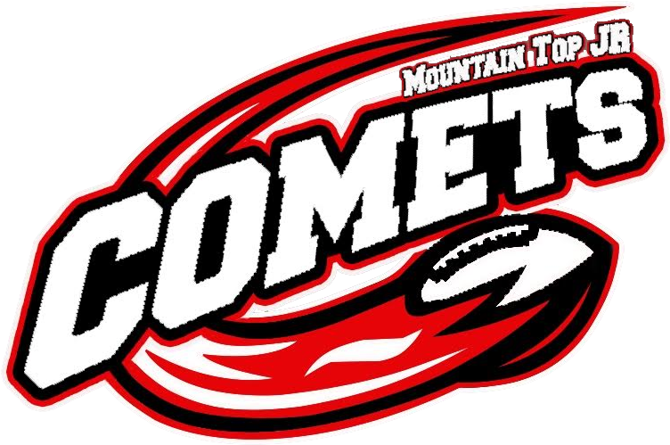 山頂小學彗星隊標誌 壁紙 — 黑色背景上帶有足球圖案的醒目紅白 'COMETS' 標誌。
