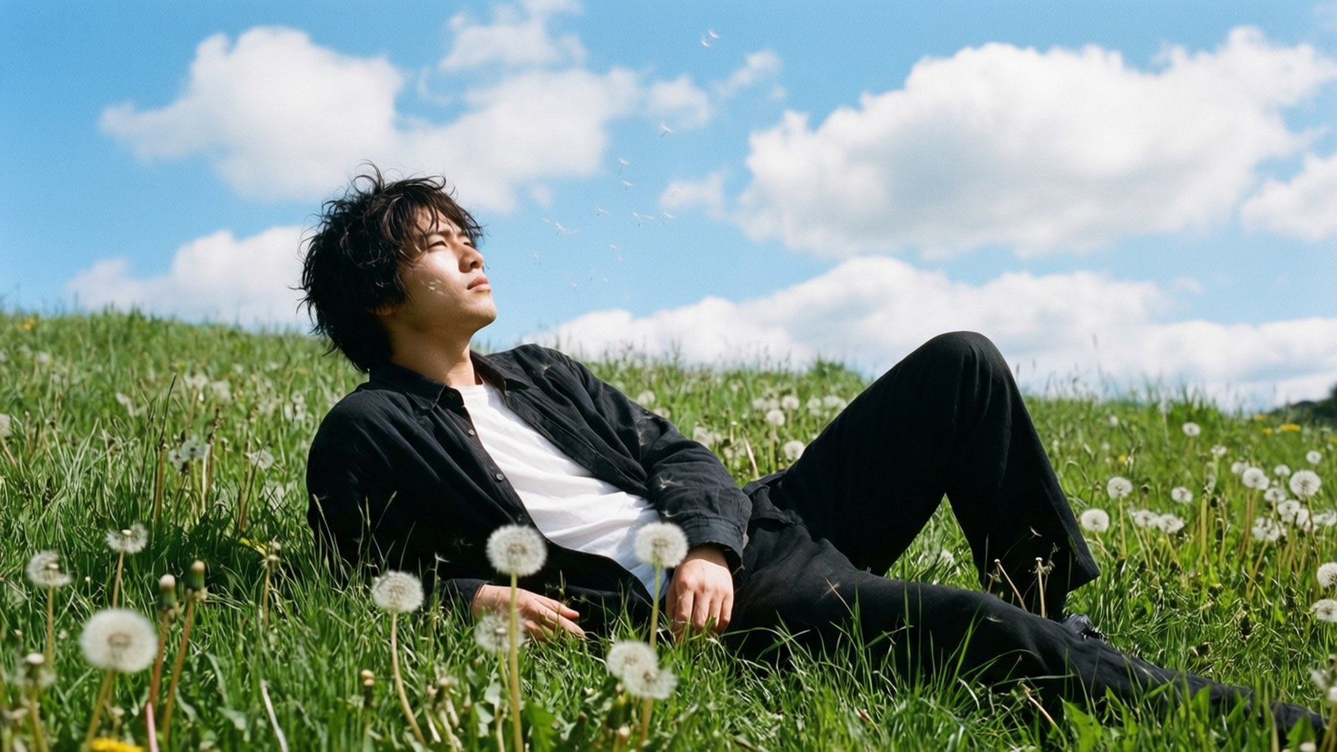 年輕男子在藍天白雲下的蒲公英叢中草地上休息。