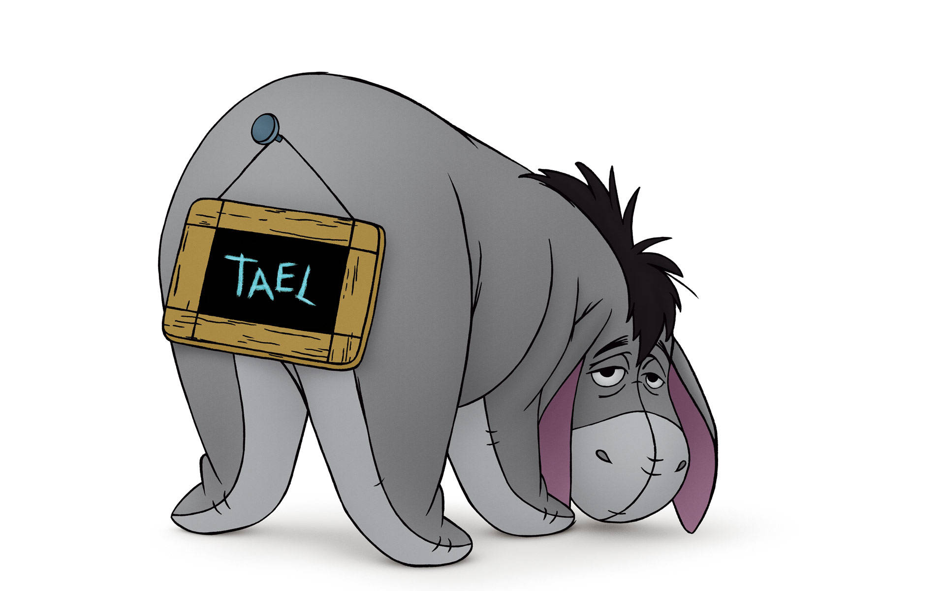 屹耳的「Tael」尾板 壁紙 — 一隻悲傷的卡通驢子，背上有一塊小黑板，上面用青綠色顯示著「TAEL」這個詞。