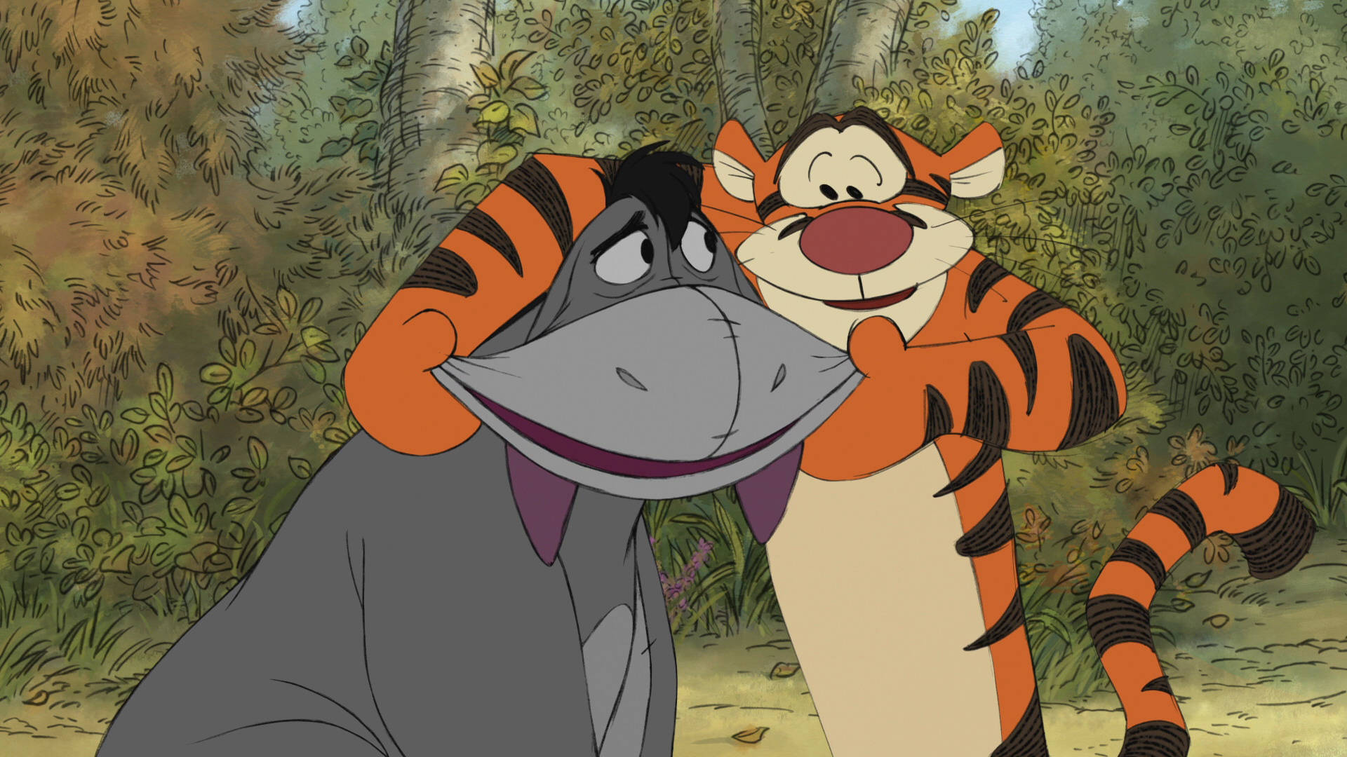 屹耳被強迫微笑 壁紙 — Tigger 在陽光明媚的森林中擁抱 Eeyore，斑駁的光線穿過綠樹。