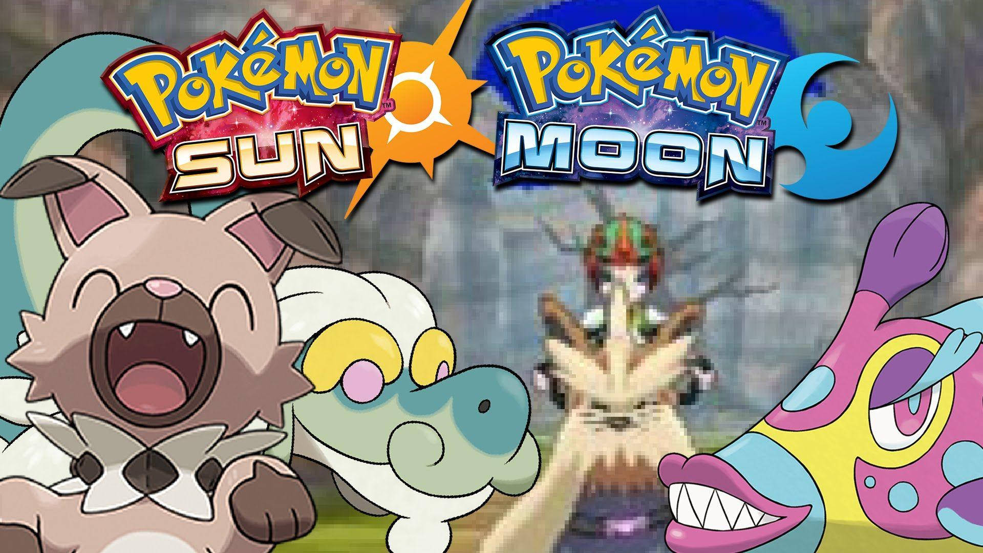 岩犬開心吠叫 壁紙 — 充滿活力的 Pokémon Sun 和 Moon 遊戲標誌，兩側是歡快的動漫風格 Pokémon 角色，構成動態宣傳桌布。