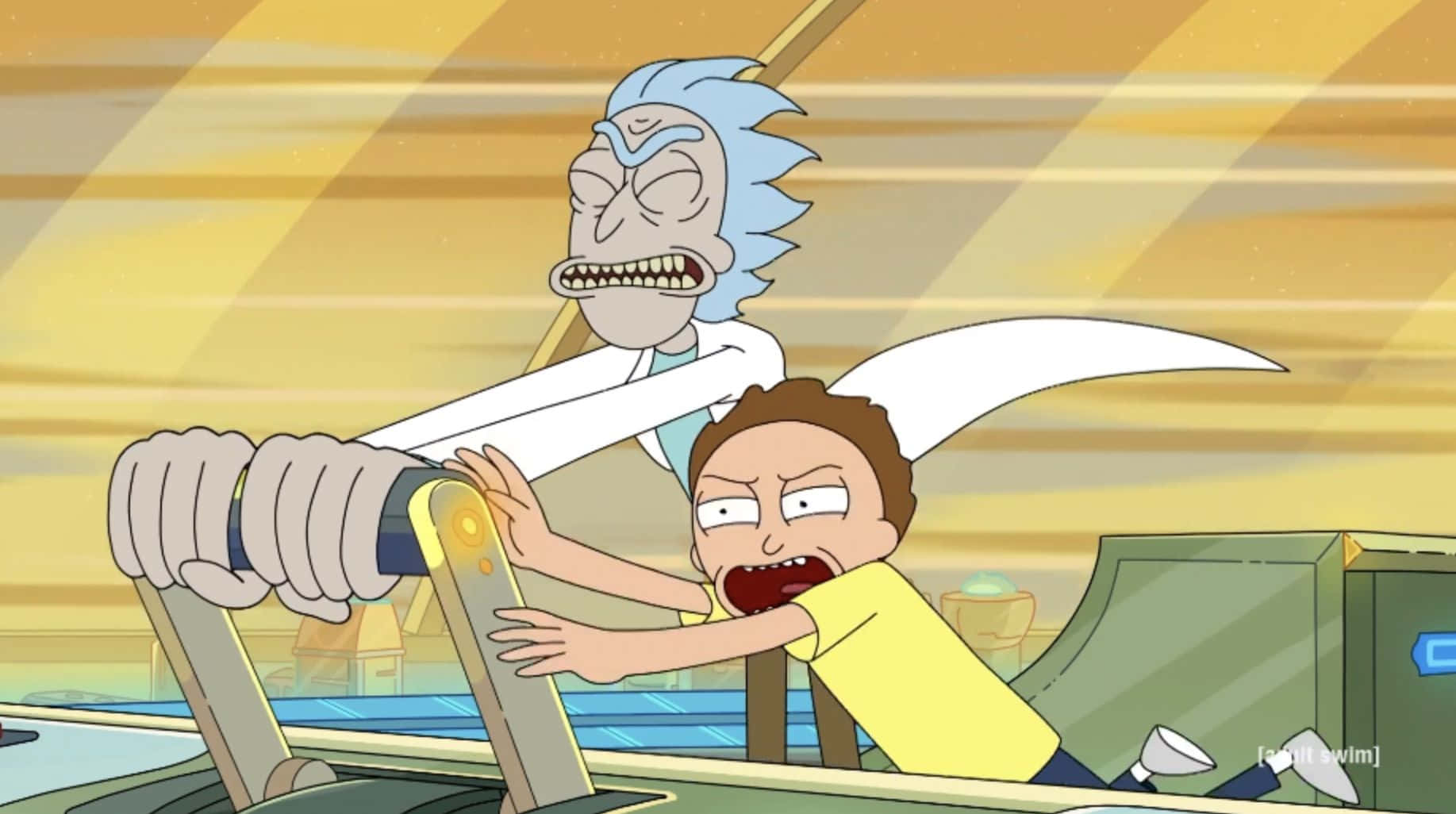 Rick 和 Morty 在混亂時刻身處太空船駕駛艙。