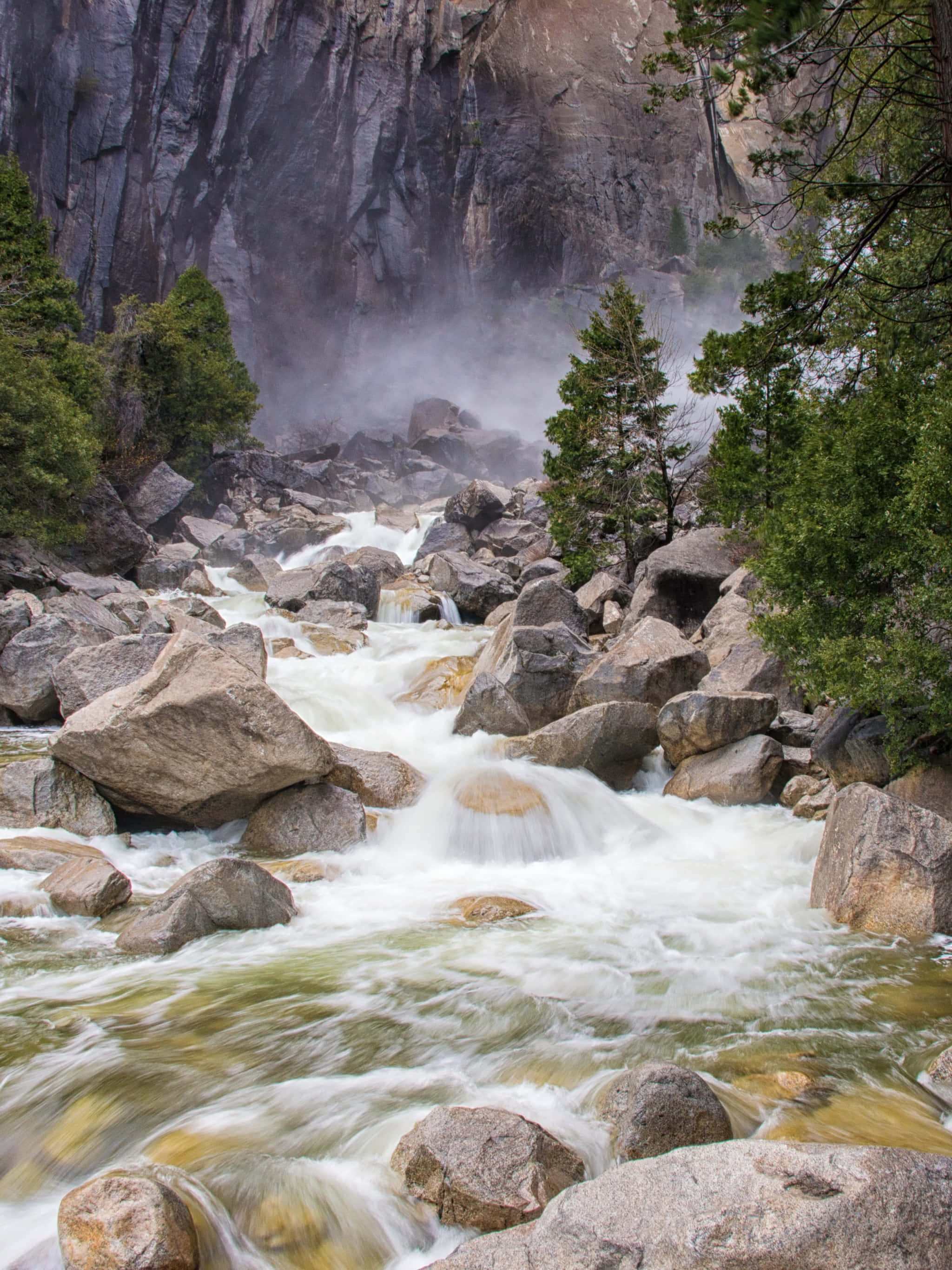 岩石山溪自然圖 壁紙 — 一條湍急的河流在霧氣瀰漫的山峽中衝過巨石，四周環繞著常綠樹。