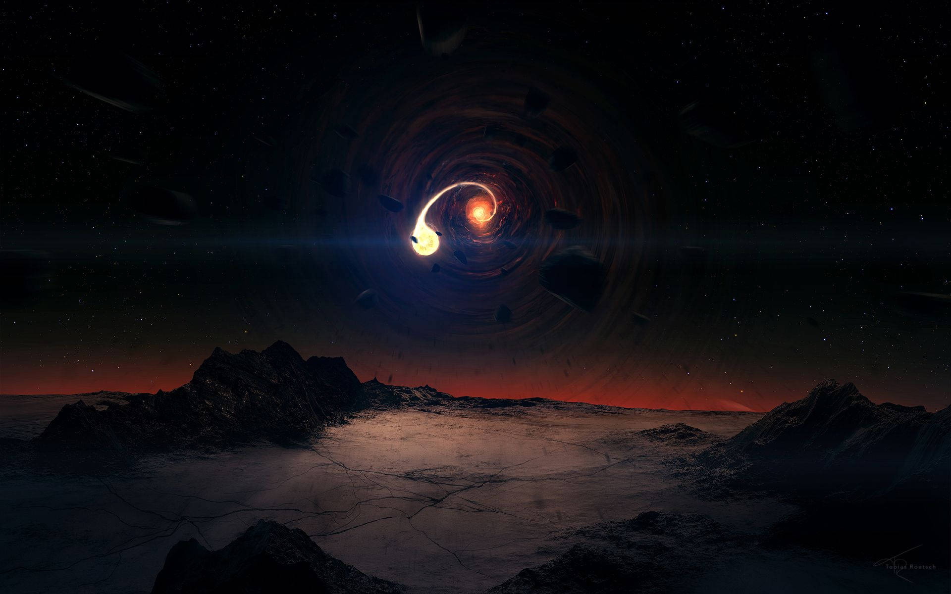 一個發光的蟲洞漂浮在星夜下龜裂的沙漠之上。