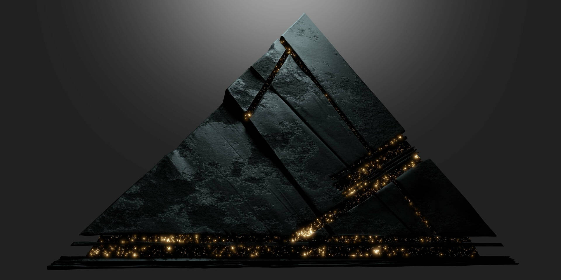 一個黑暗的金字塔，帶有發光的金色線條和嵌入的燈光，背景為灰色漸變。