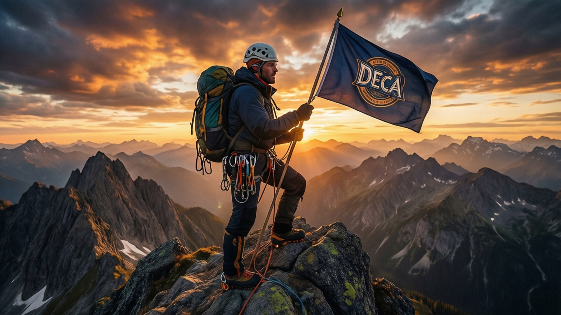 峰頂勝利DECA 壁紙 — 一名登山者喺日落時分企喺岩石山頂上，手持DECA旗幟，背後係壯麗嘅山景。