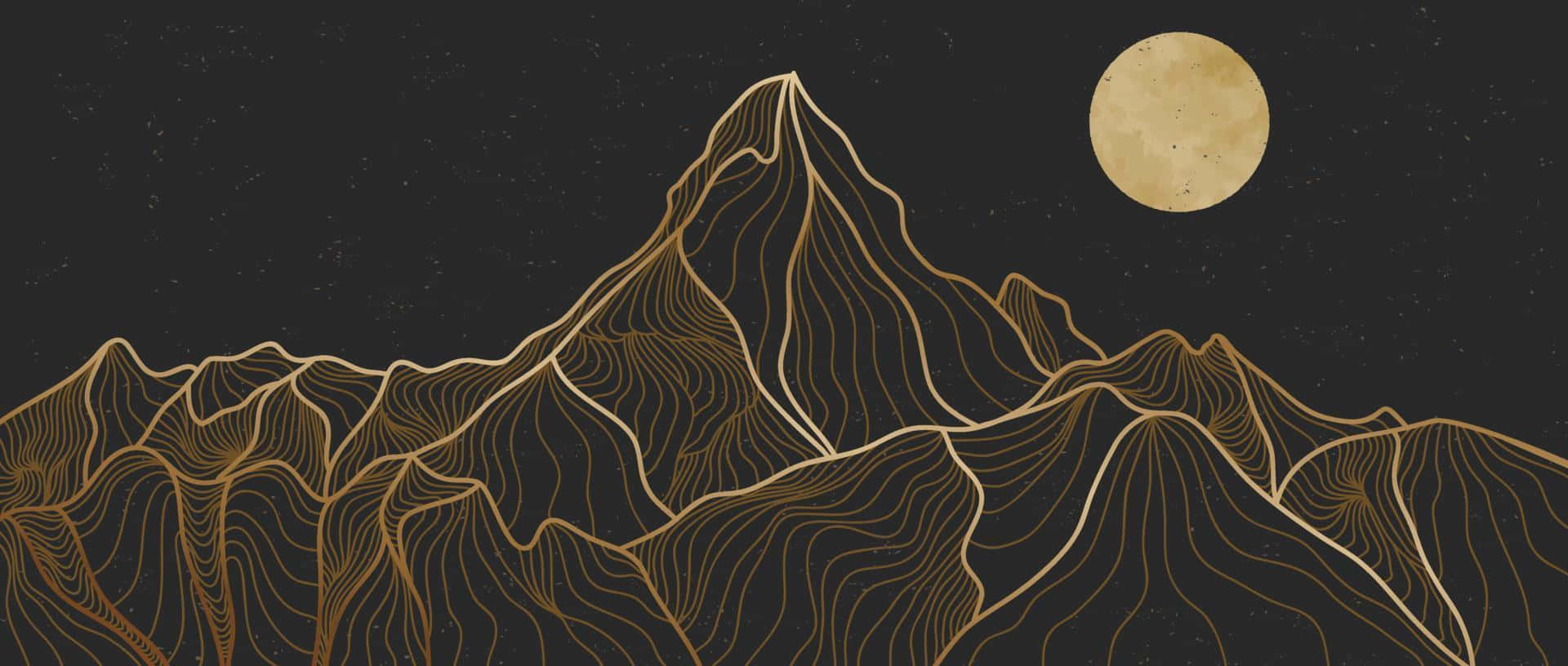 滿月下繁星夜空中的金色山脈。