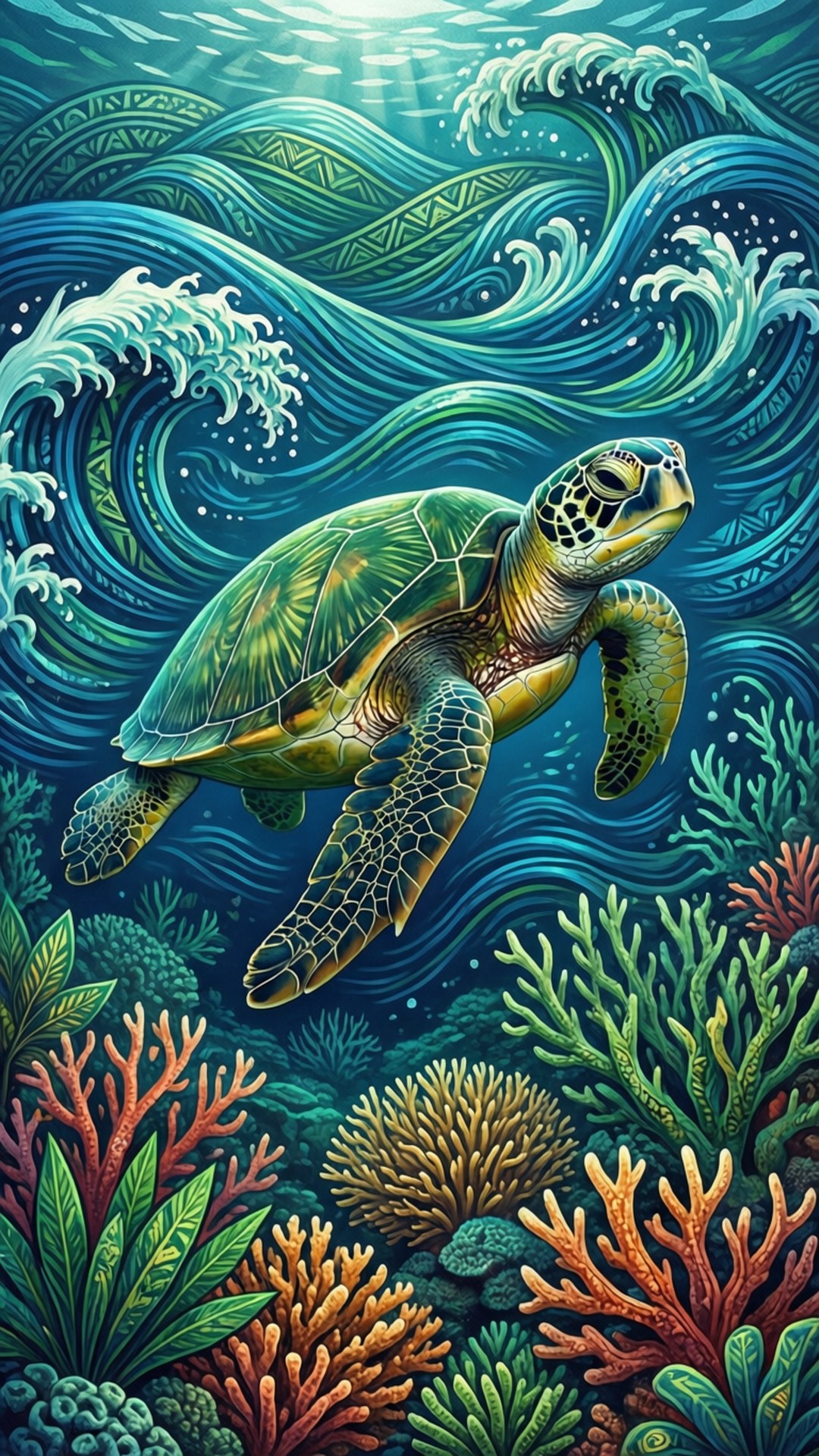 島嶼之龜 壁紙 — 一隻充滿活力的綠海龜在陽光照射下的色彩繽紛珊瑚礁上方，穿過碧綠色的波浪滑行。