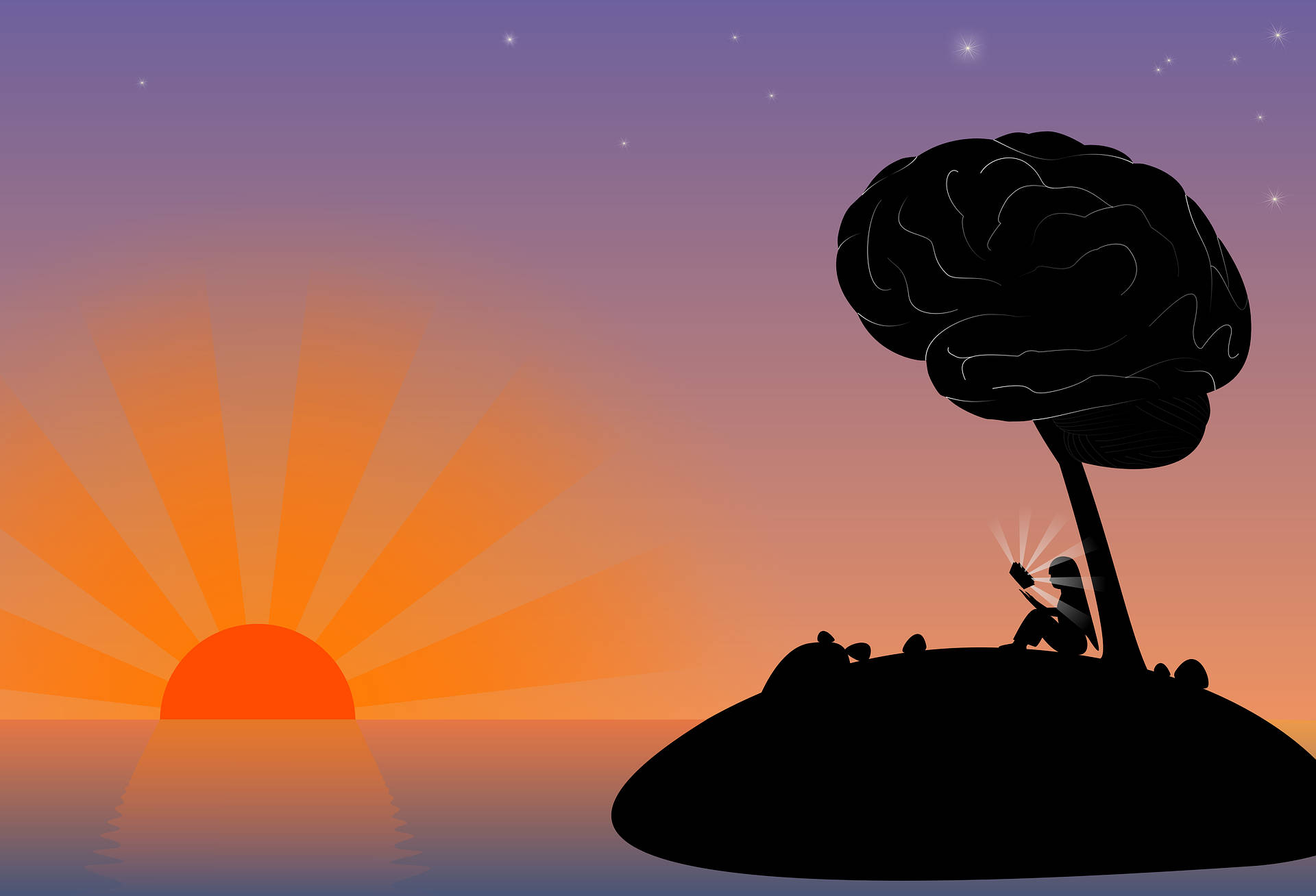 島嶼向量藝術 壁紙 — 一個人在腦形樹下閱讀的剪影，日落時分，平靜的水面上星星開始浮現。