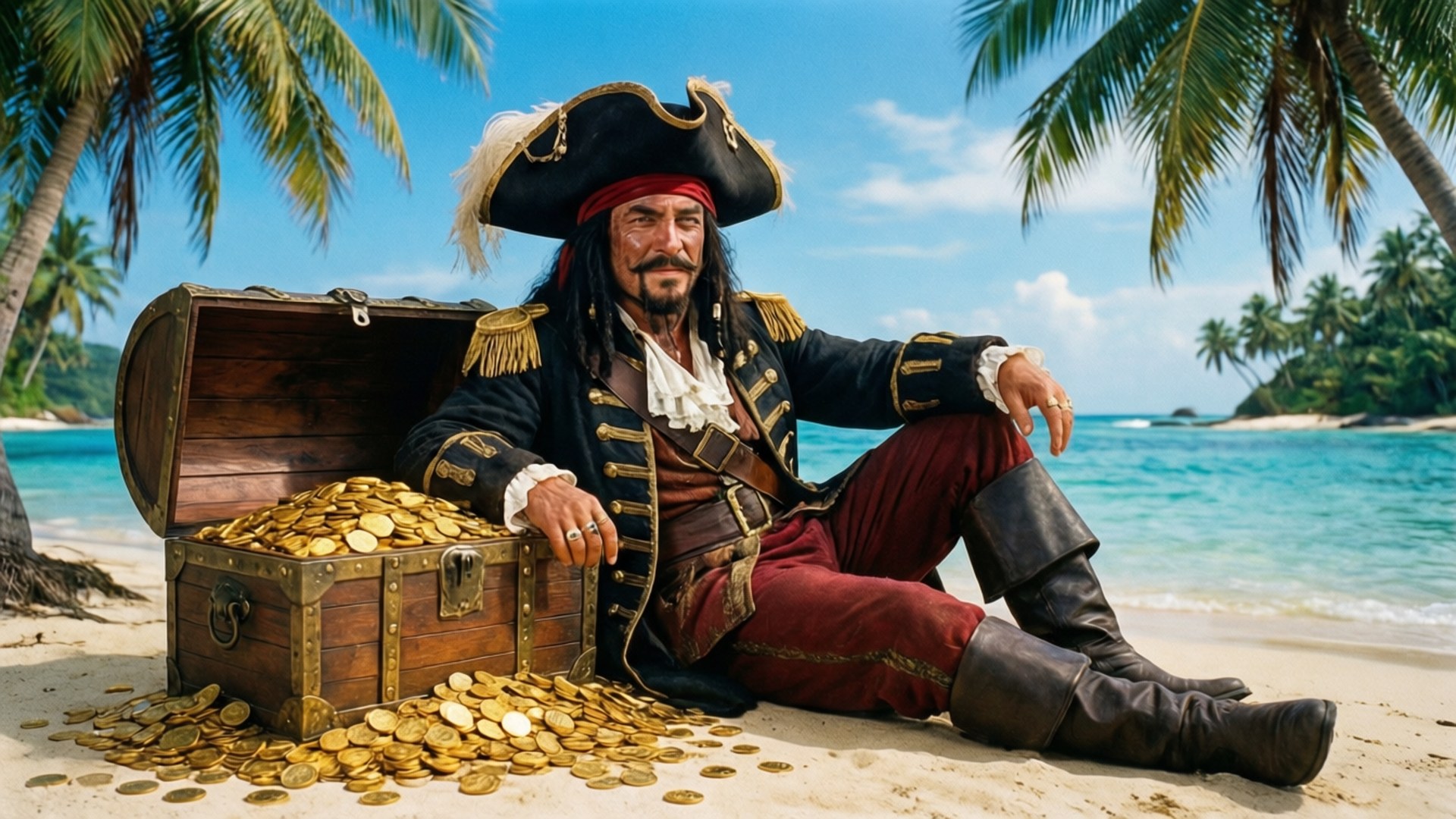 海盜同裝滿金幣嘅寶箱喺熱帶沙灘上