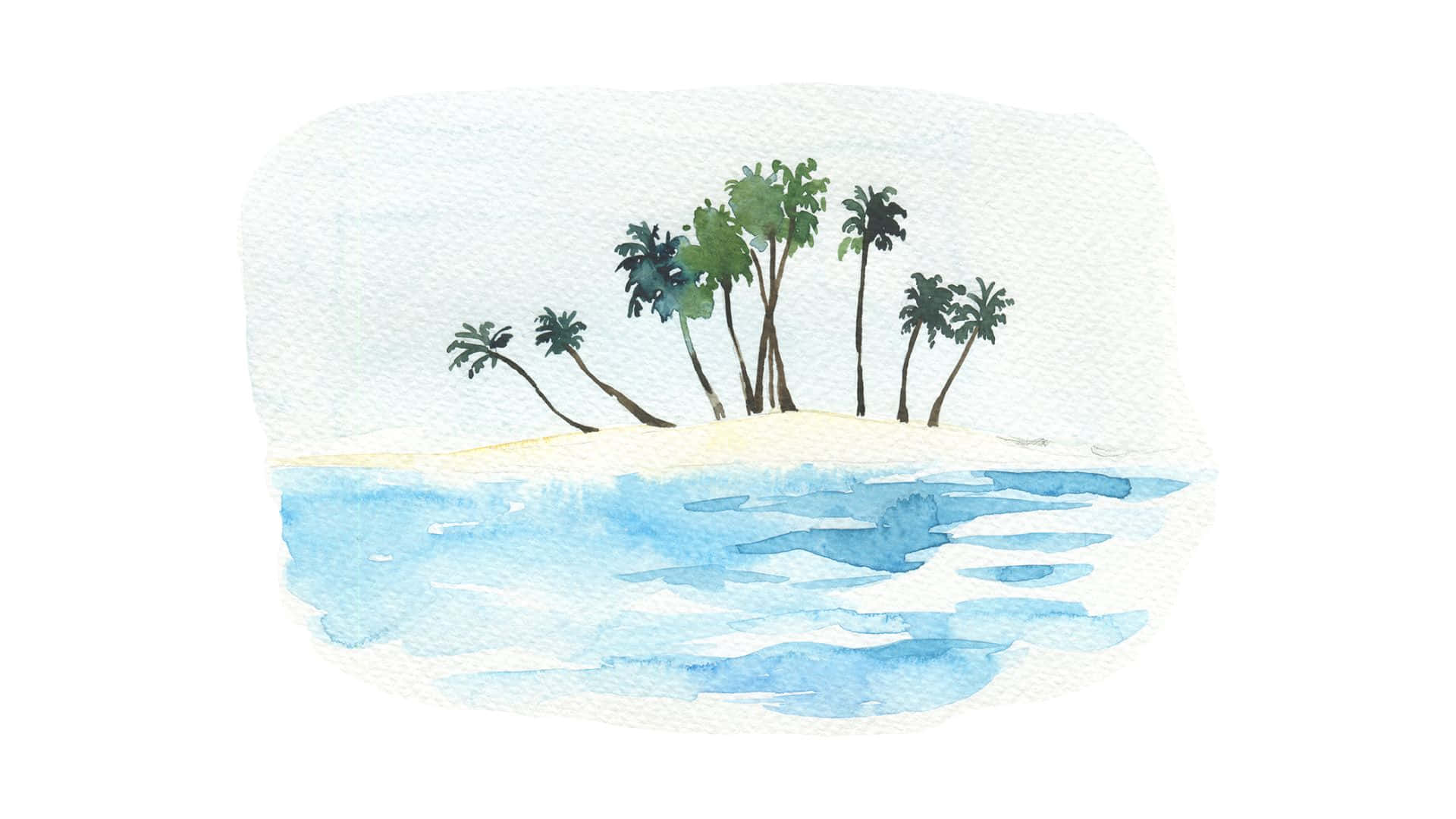 島嶼棕櫚樹畫布插畫 壁紙 — 一幅水彩畫，描繪一個小型熱帶島嶼，有棕櫚樹和寧靜的藍色海水，天空柔和。