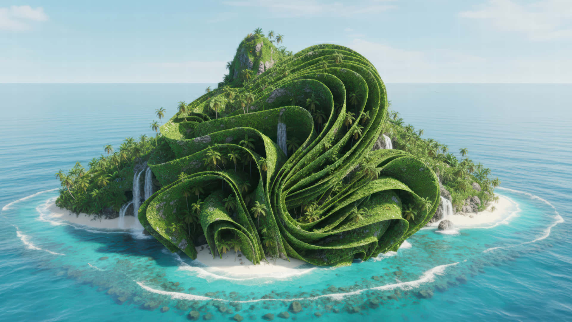 島嶼盛開模組化桌面壁紙，增強版 壁紙 — 一個超現實的熱帶島嶼，螺旋狀的綠色樹葉從懸崖傾瀉而下，流入碧綠的海水，擁有白色沙灘和棕櫚樹。