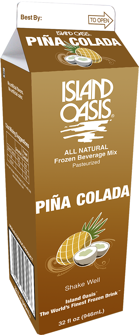 島嶼綠洲鳳梨冰凍飲料混合包 壁紙 — 一個棕色紙板箱，內有Island Oasis Piña Colada冷凍飲料混合物，帶有菠蘿和椰子圖案。