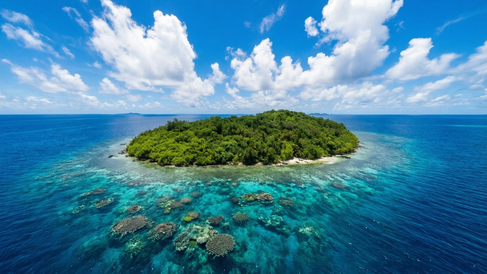 島嶼鳥瞰視角 壁紙 — 從高空俯瞰一個鬱鬱蔥蔥的熱帶島嶼，周圍環繞著充滿活力的綠松石珊瑚礁和深藍色的海洋，天空明亮，白雲朵朵。