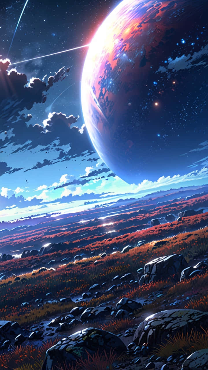 崎嶇星球配以色彩繽紛的月球與花漾天空 壁紙 — 廣闊的外星景觀，紅色草地和岩石，下方是巨大的發光行星和星空。