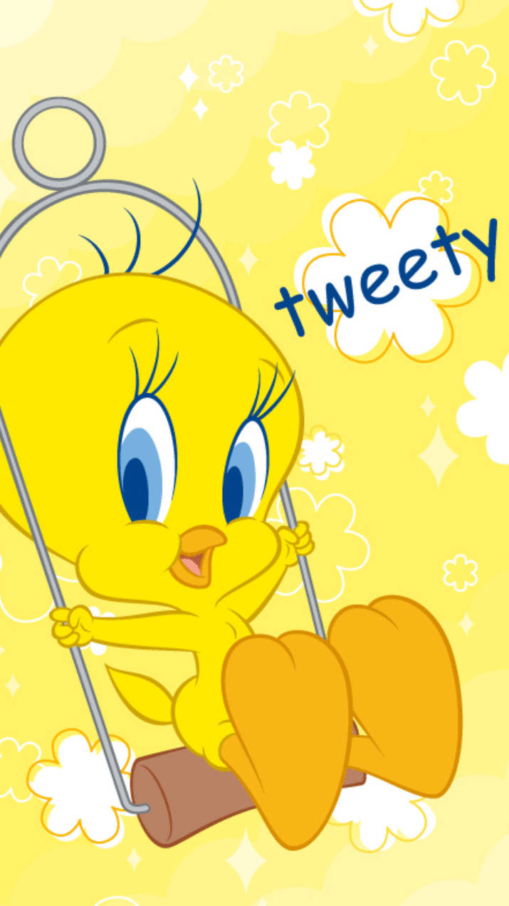 Tweety鳥在鞦韆上，背景黃色，有閃光和花朵。