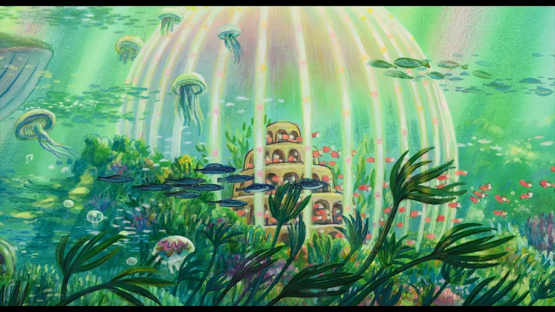 幻想水下場景，水母魚和珊瑚結構閃爍著光芒。