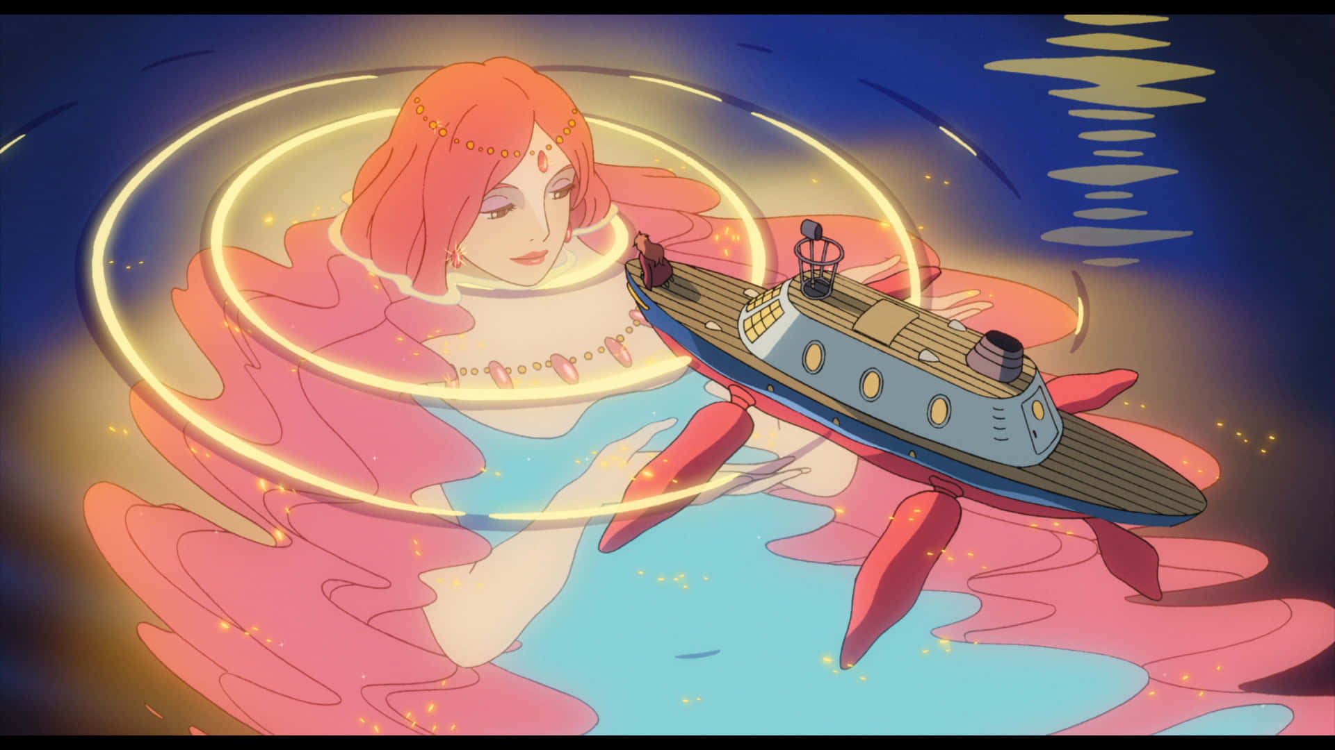 《崖上的波妞》中的海之母 Granmamare 壁紙 — 一位平靜的動漫女性，粉紅色頭髮，在發光環中漂浮在奇特的潛艇上方，構成夢幻般的水下場景。