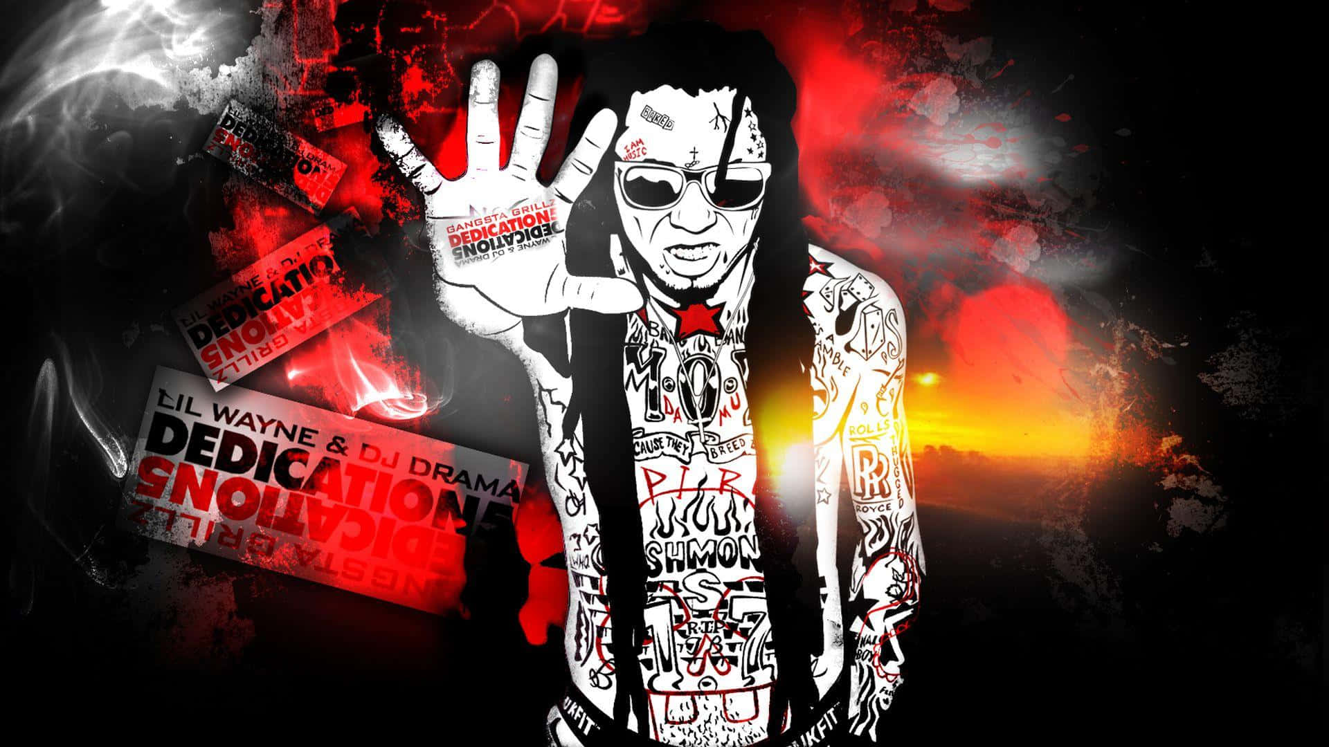 Lil Wayne 帶有紋身和太陽眼鏡，在火紅和黑色背景上舉起一隻手，並帶有專輯文字。