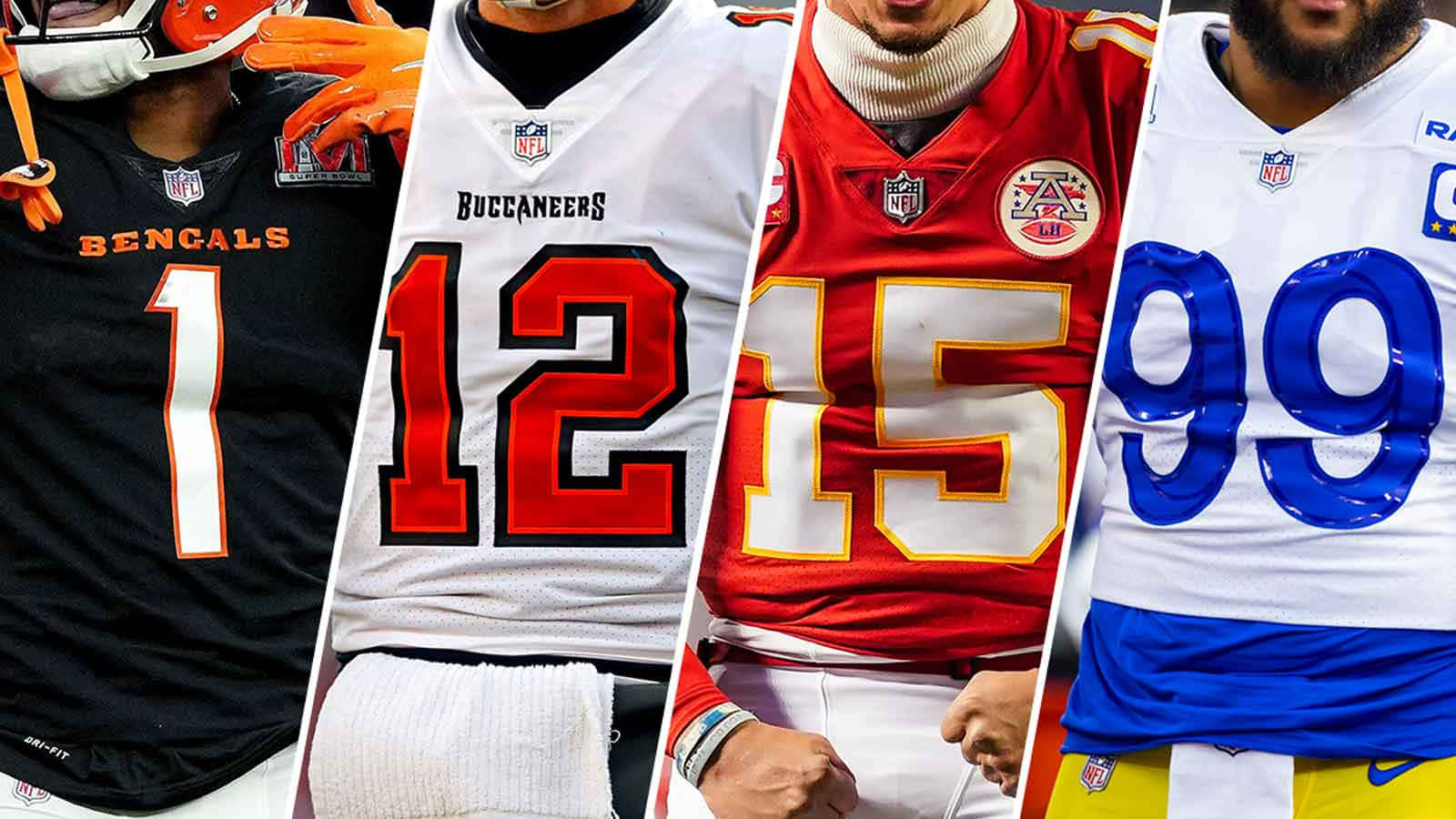 四名NFL美式足球運動員身穿球隊球衣，號碼和標誌清晰可見。