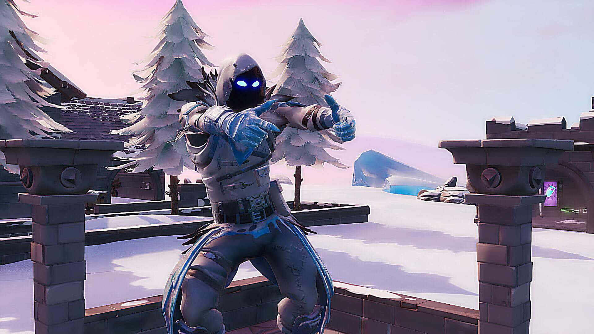 「崛起吧，烏鴉」——《Fortnite》最新皮膚 壁紙 — 一個發光藍眼睛的角色穿著冬季裝備，在雪覆蓋的屋頂上跳舞，周圍是白雪覆蓋的松樹。