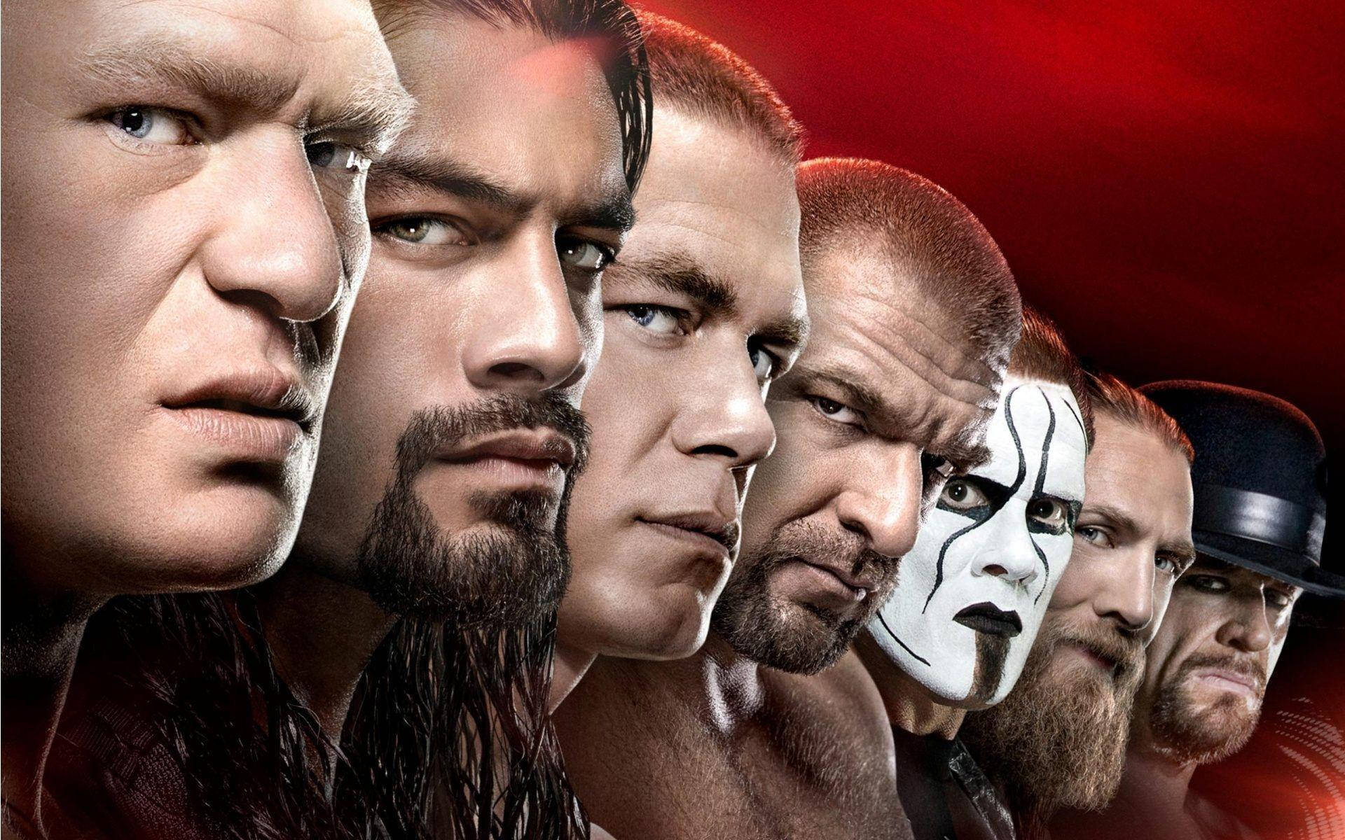 一排 WWE 摔角手，表情兇猛，燈光戲劇化。