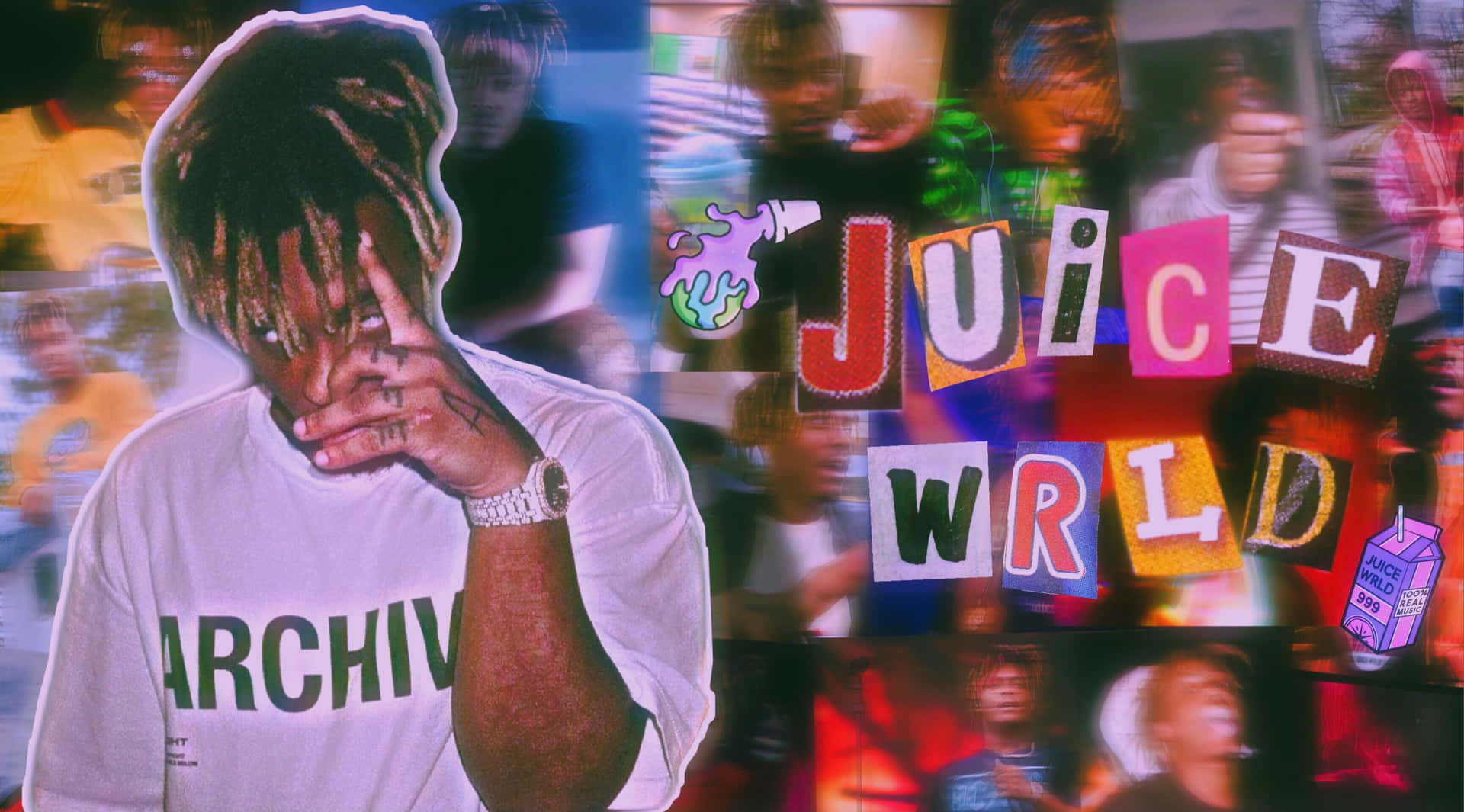 Juice WRLD 身穿白色T恤，背景為色彩繽紛的拼貼，名字以粗體字呈現。